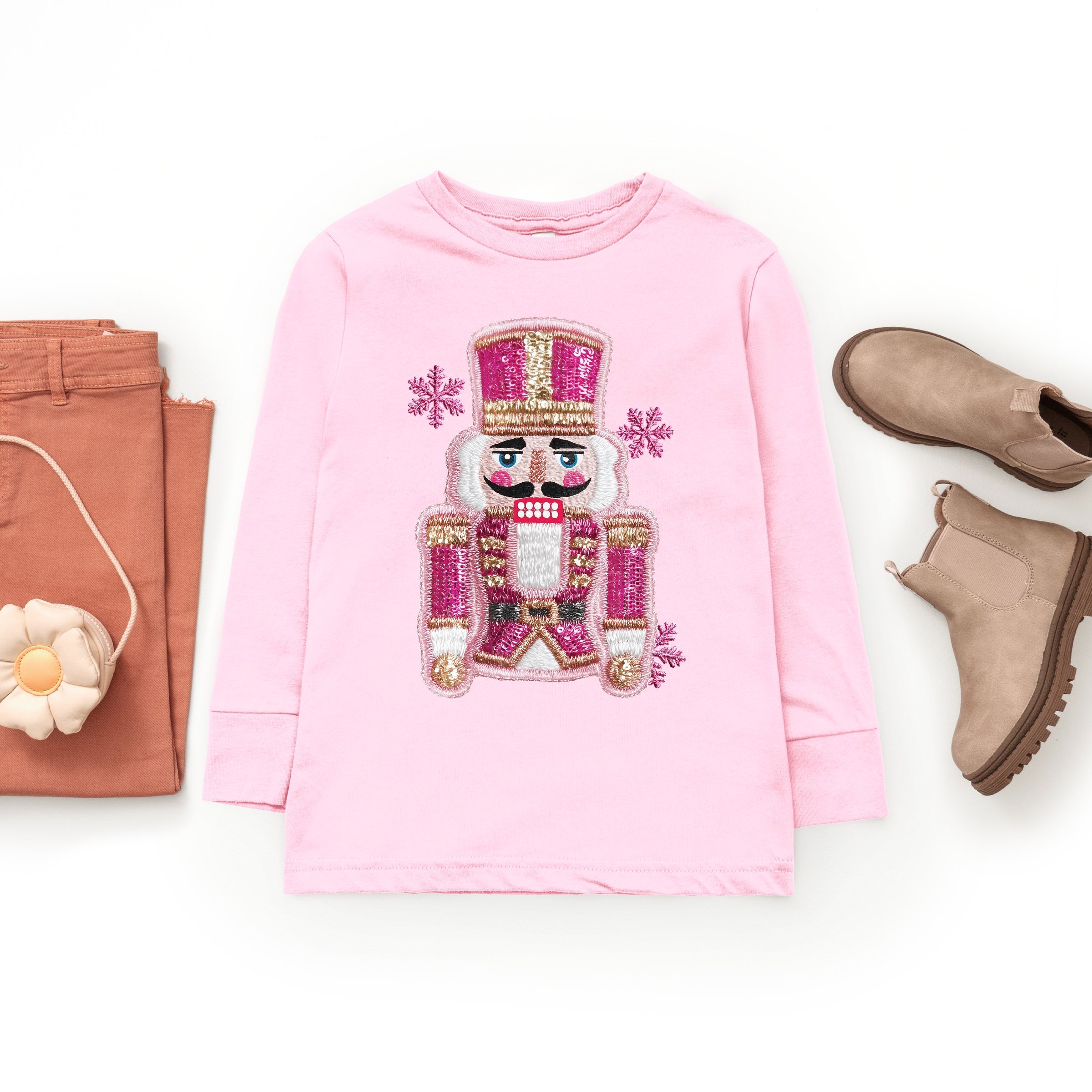 Pink Snowflake Nutcracker Patchwork Print - Toddler Long Sleeve Graphic Tee and Youth Long Sleeve Graphic T-Shirt