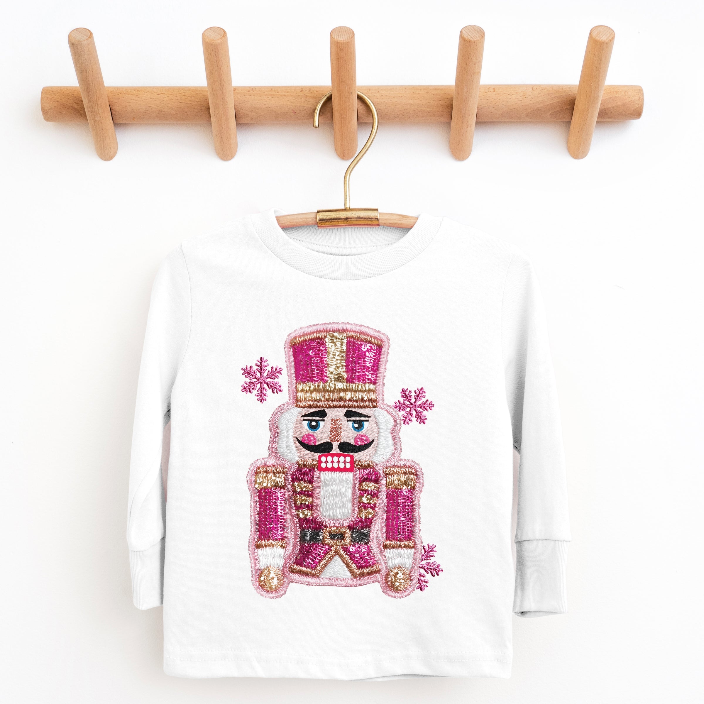 Pink Snowflake Nutcracker Patchwork Print - Toddler Long Sleeve Graphic Tee and Youth Long Sleeve Graphic T-Shirt