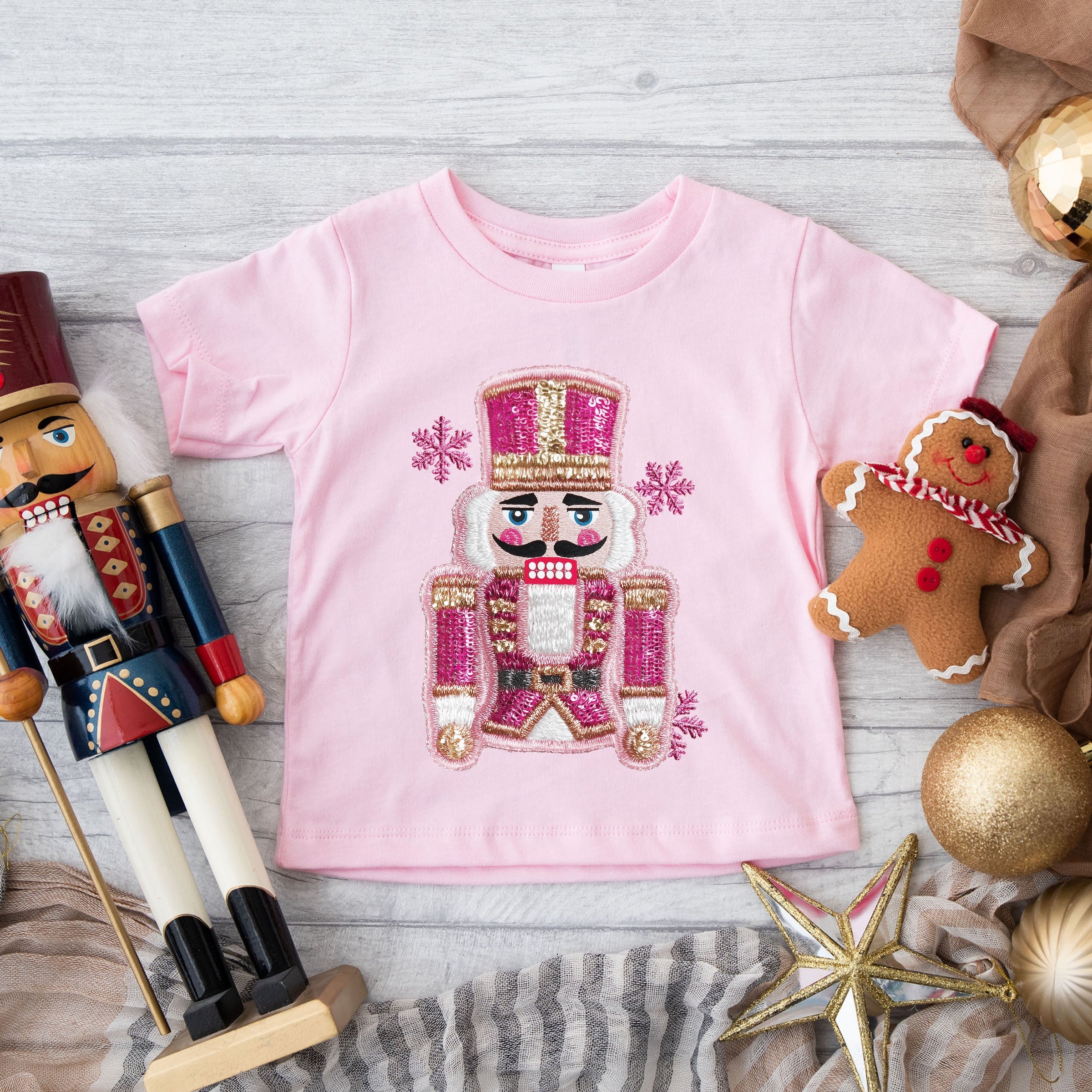 Pink Snowflake Nutcracker Patchwork Print - Youth Short Sleeve Graphic T-Shirt and Toddler Short Sleeve Graphic T-Shirt