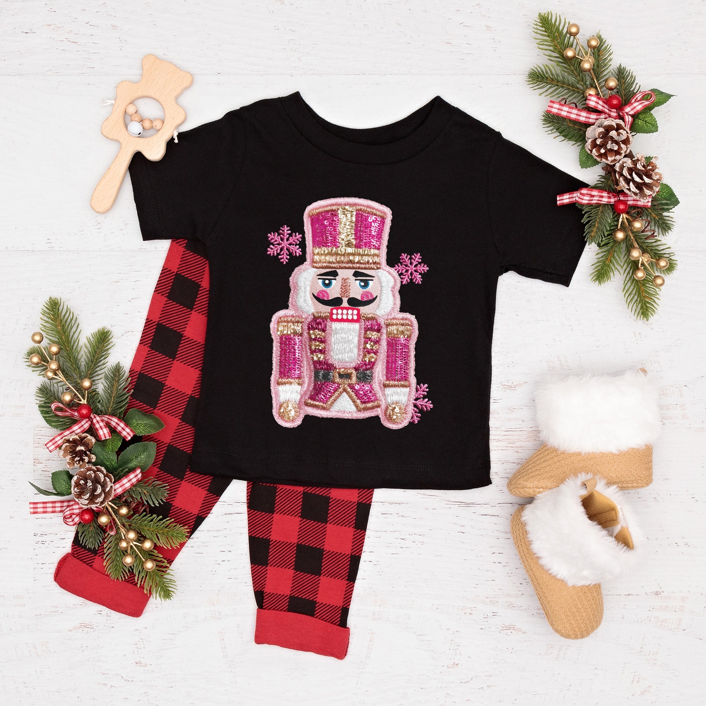 Pink Snowflake Nutcracker Patchwork Print - Youth Short Sleeve Graphic T-Shirt and Toddler Short Sleeve Graphic T-Shirt