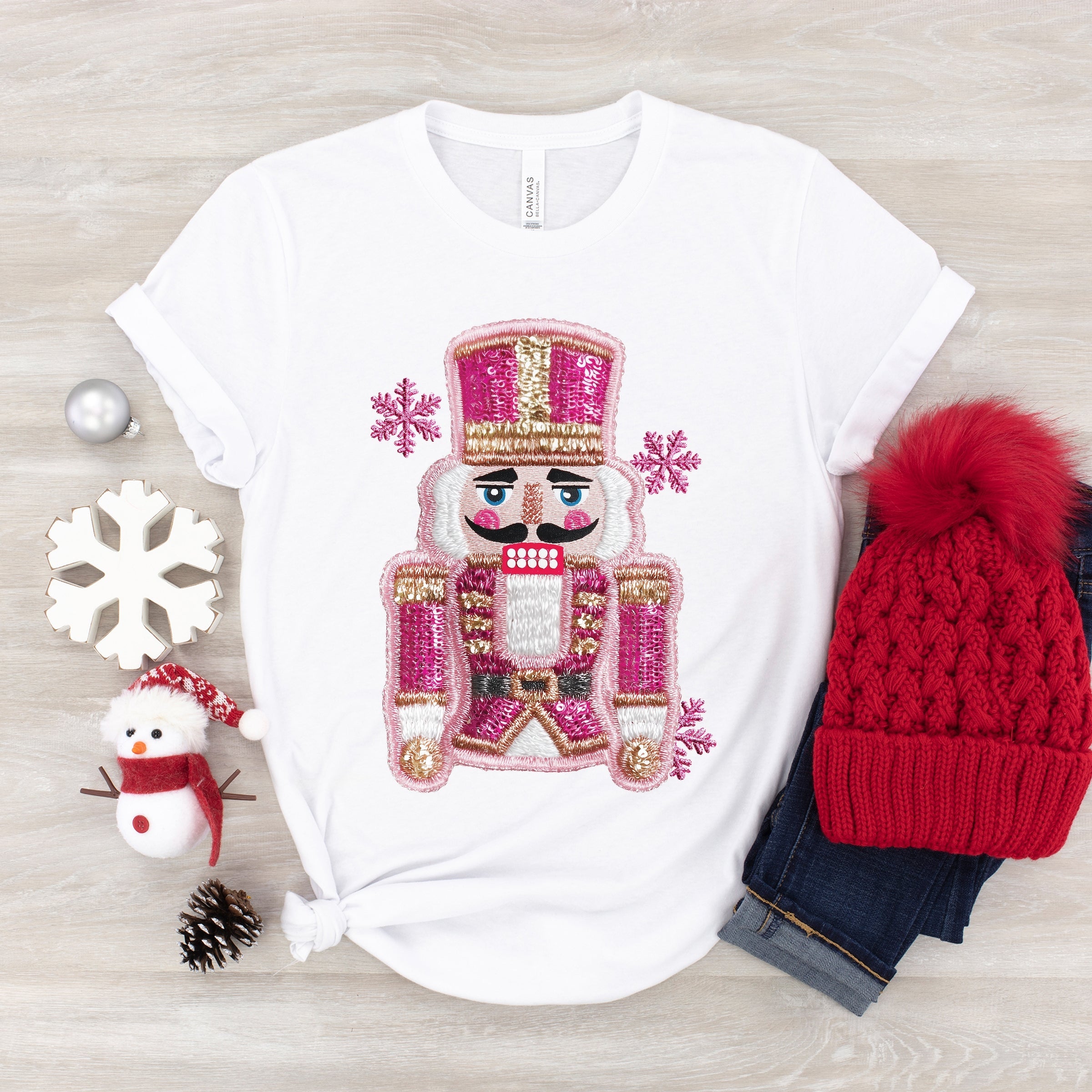 Pink Snowflake Nutcracker Patchwork Print - Youth Short Sleeve Graphic T-Shirt and Toddler Short Sleeve Graphic T-Shirt