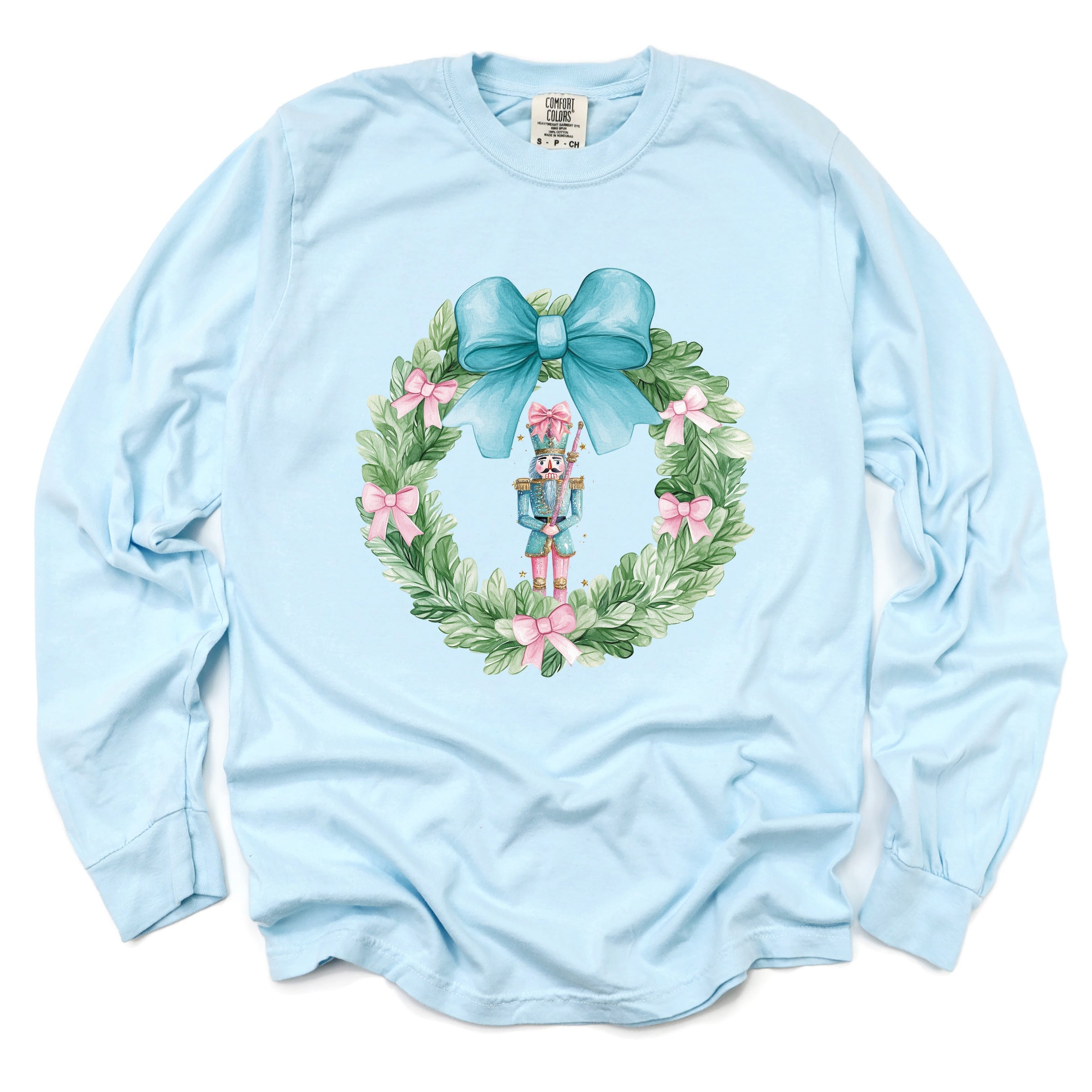 Nutcracker Wreath Coquette - Women's Garment Dyed Long Sleeve Graphic T-Shirt