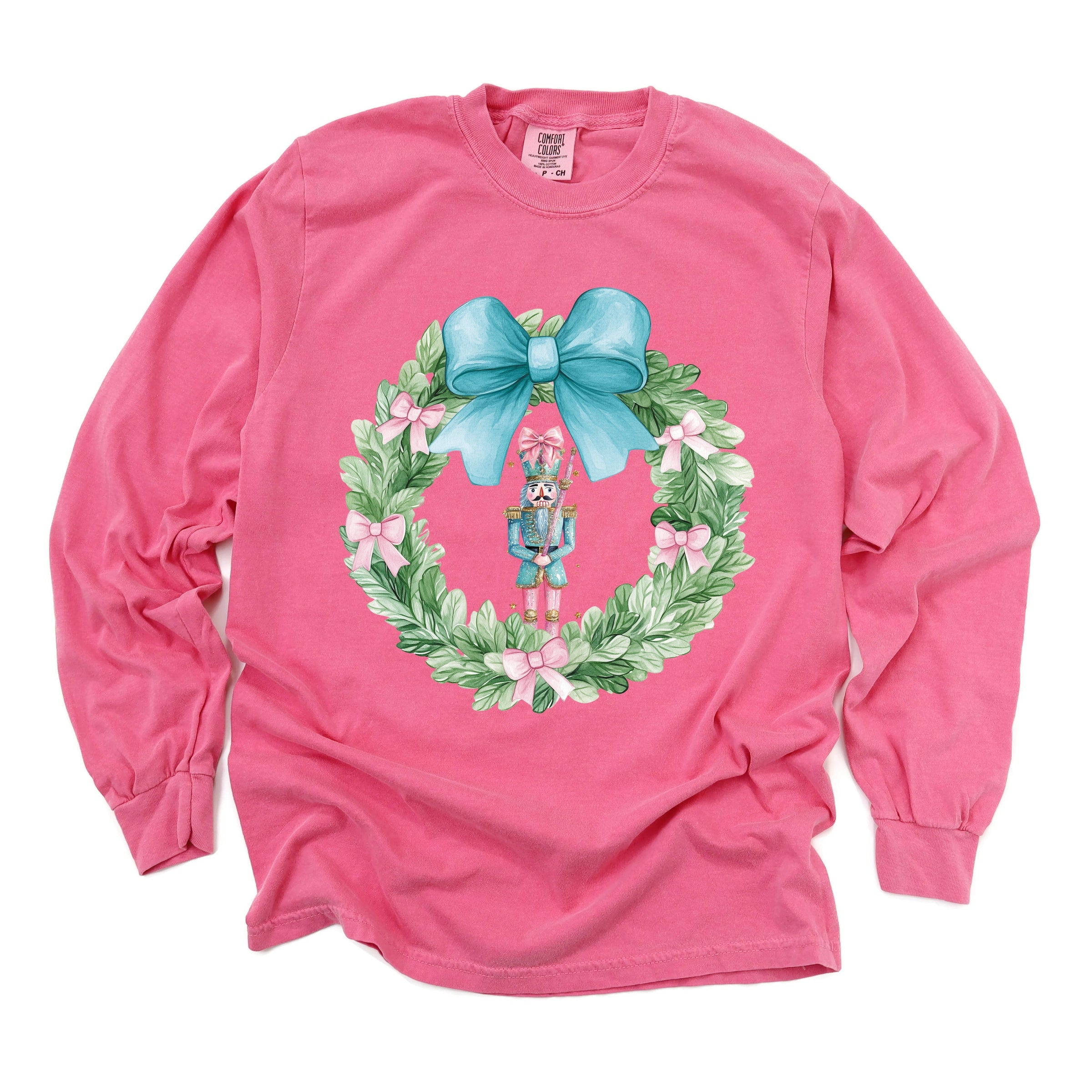 Nutcracker Wreath Coquette - Women's Garment Dyed Long Sleeve Graphic T-Shirt