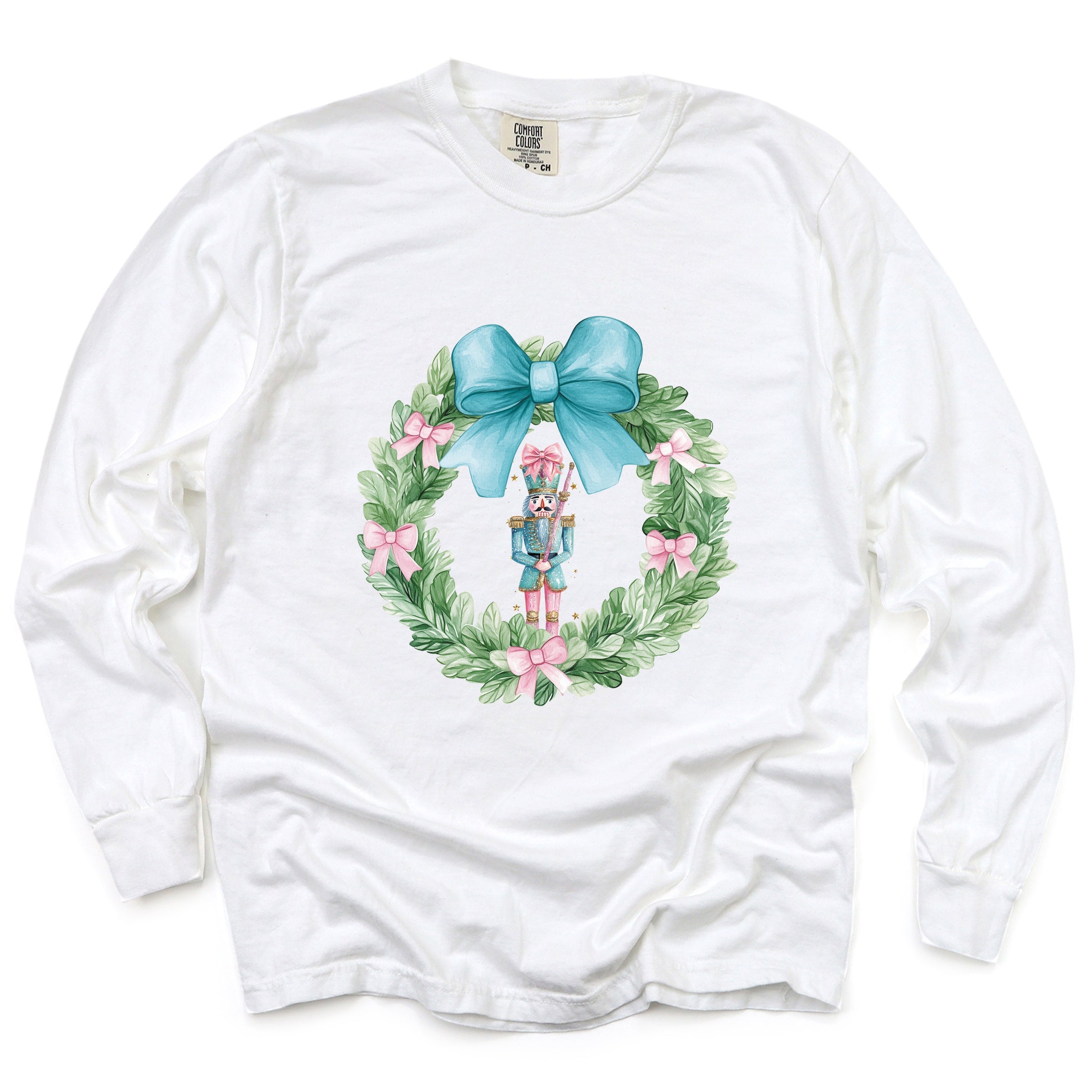 Nutcracker Wreath Coquette - Women's Garment Dyed Long Sleeve Graphic T-Shirt