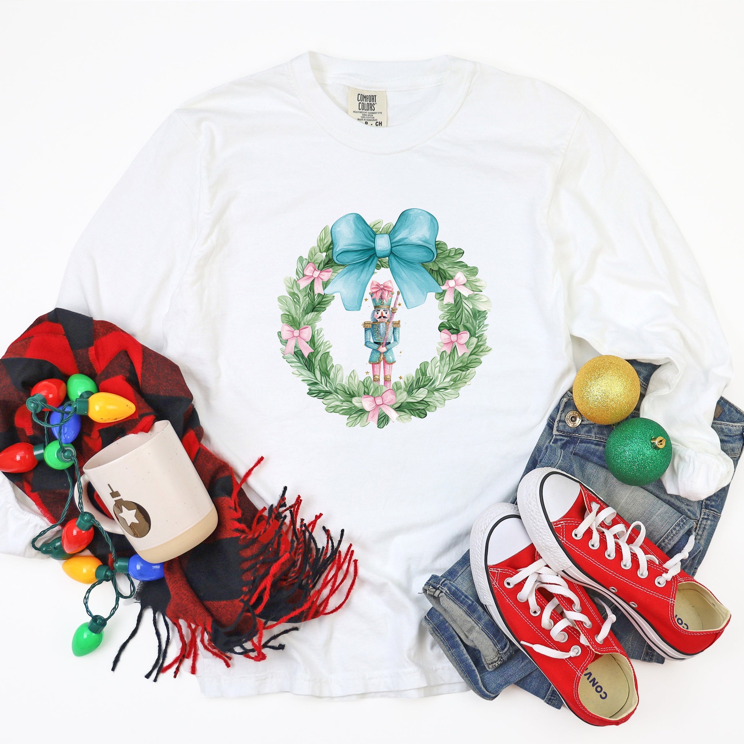 Nutcracker Wreath Coquette - Women's Garment Dyed Long Sleeve Graphic T-Shirt