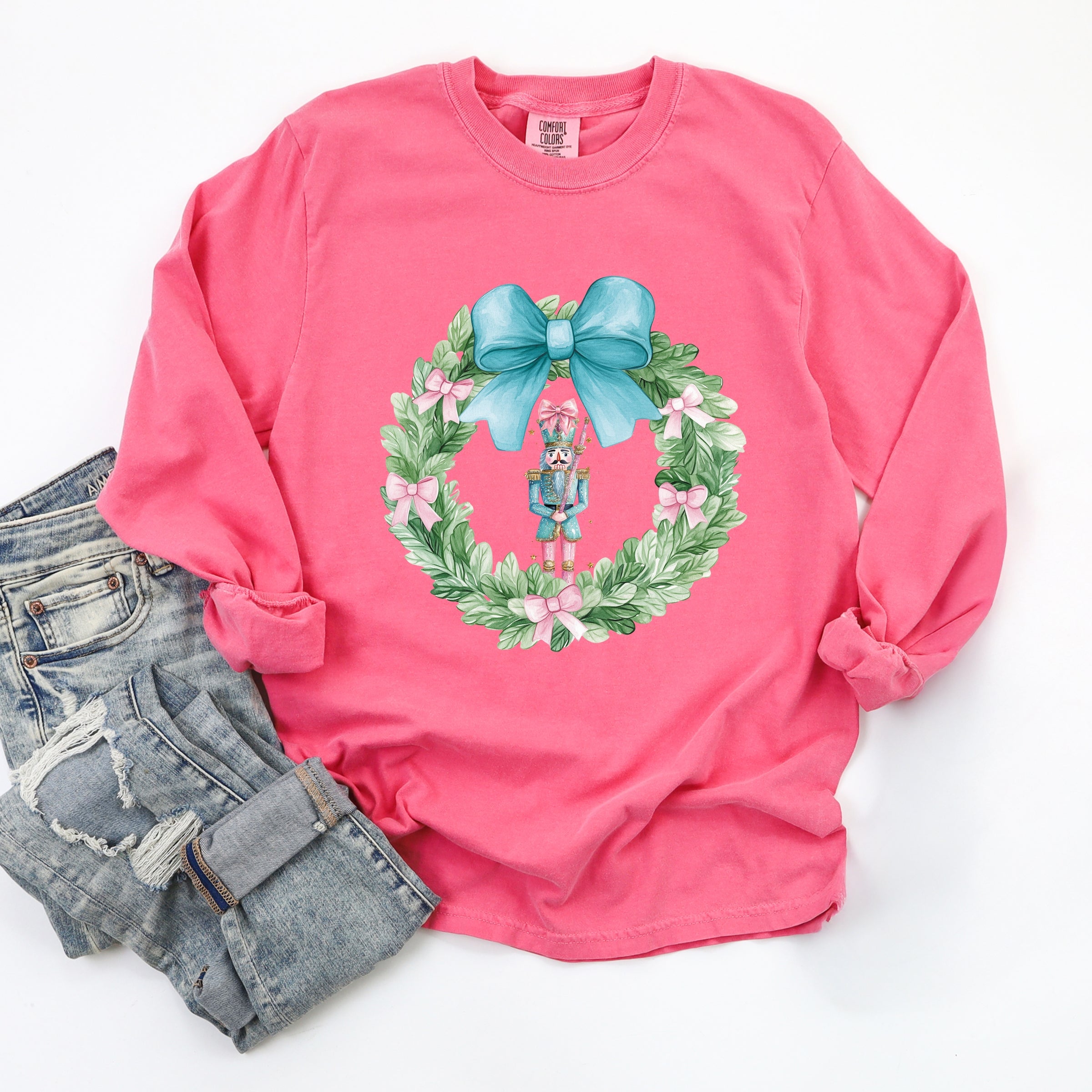 Nutcracker Wreath Coquette - Women's Garment Dyed Long Sleeve Graphic T-Shirt
