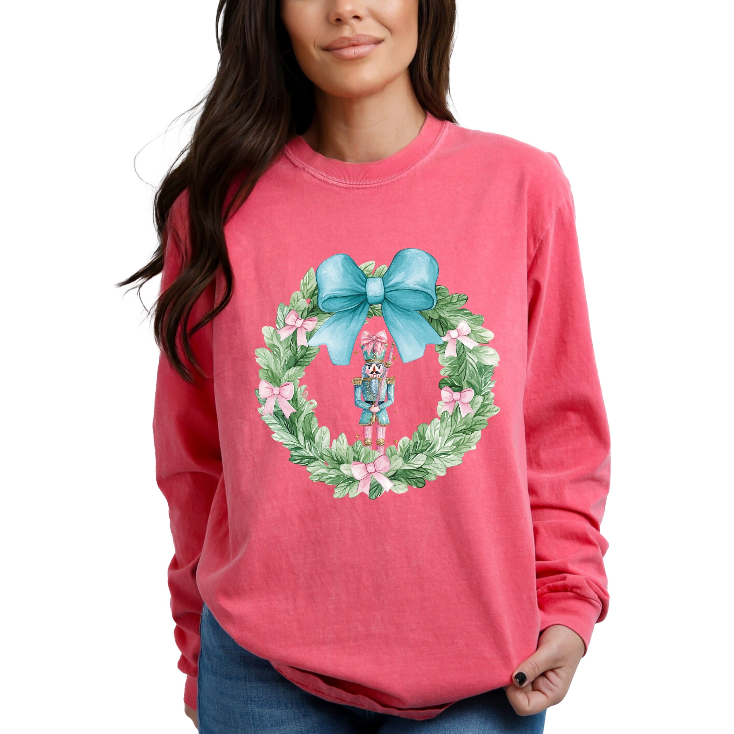 Nutcracker Wreath Coquette - Women's Garment Dyed Long Sleeve Graphic T-Shirt