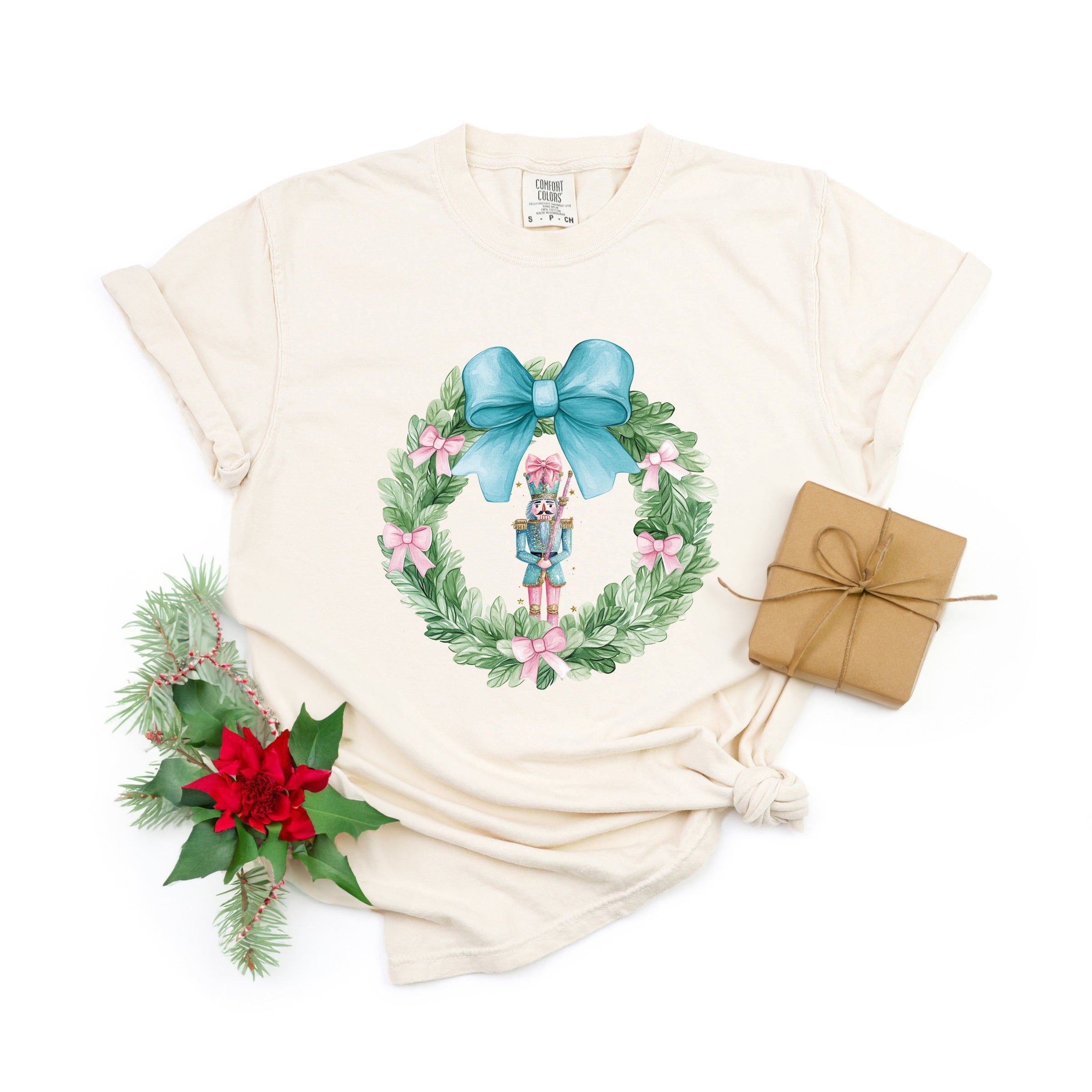 Nutcracker Wreath Coquette - Women's Garment Dyed Graphic T-Shirt