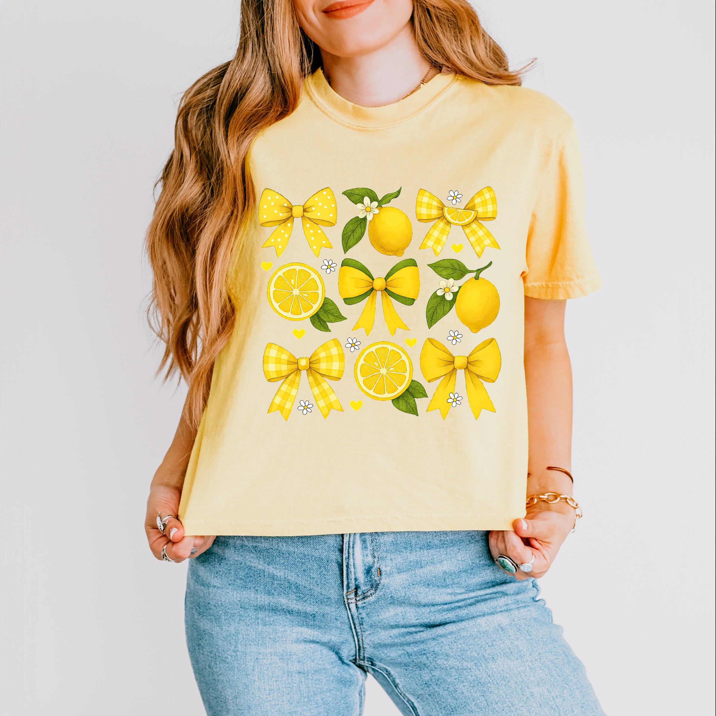Coquette Lemons Pattern Bows - Women's Boxy Crop Top Graphic T-Shirt