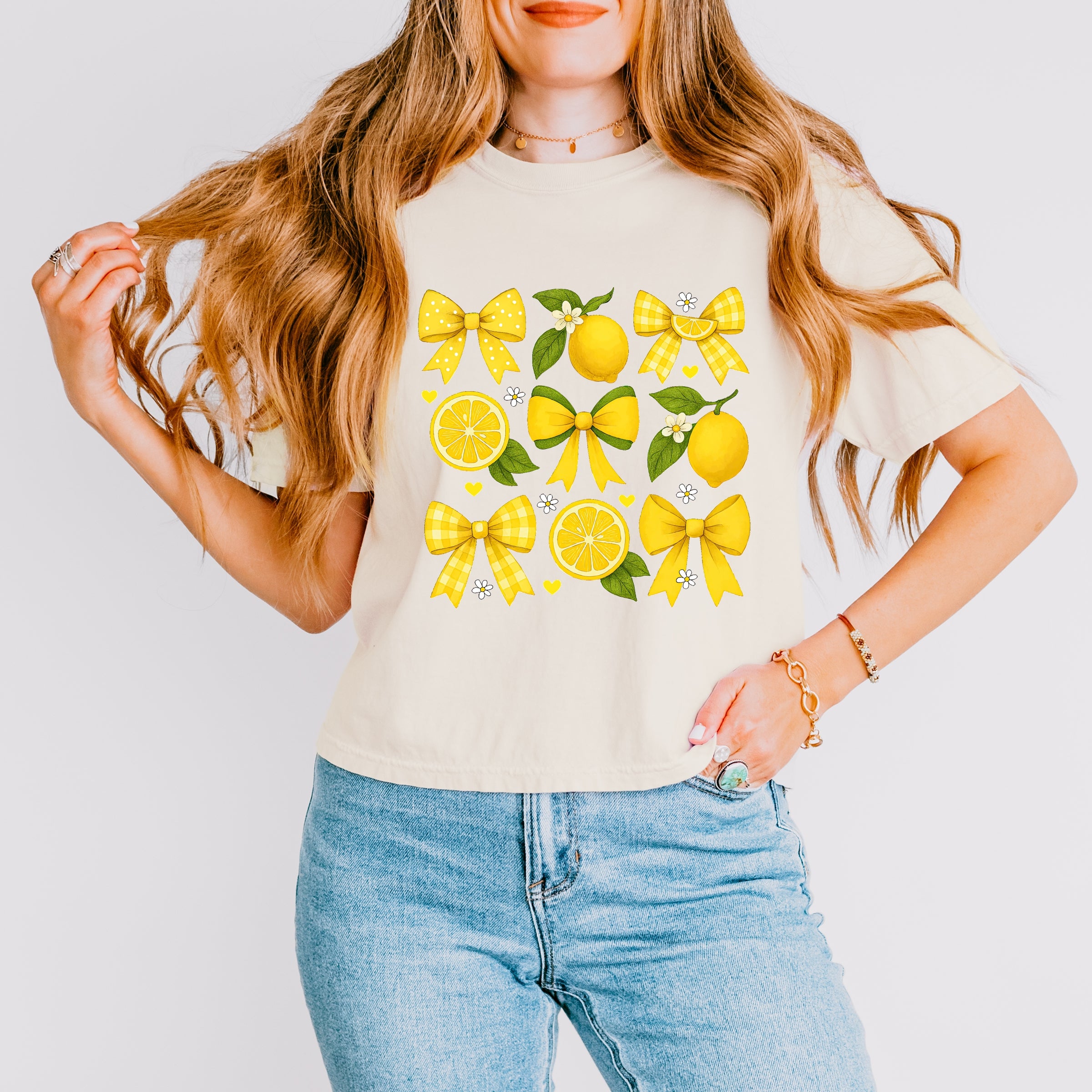 Coquette Lemons Pattern Bows - Women's Boxy Crop Top Graphic T-Shirt