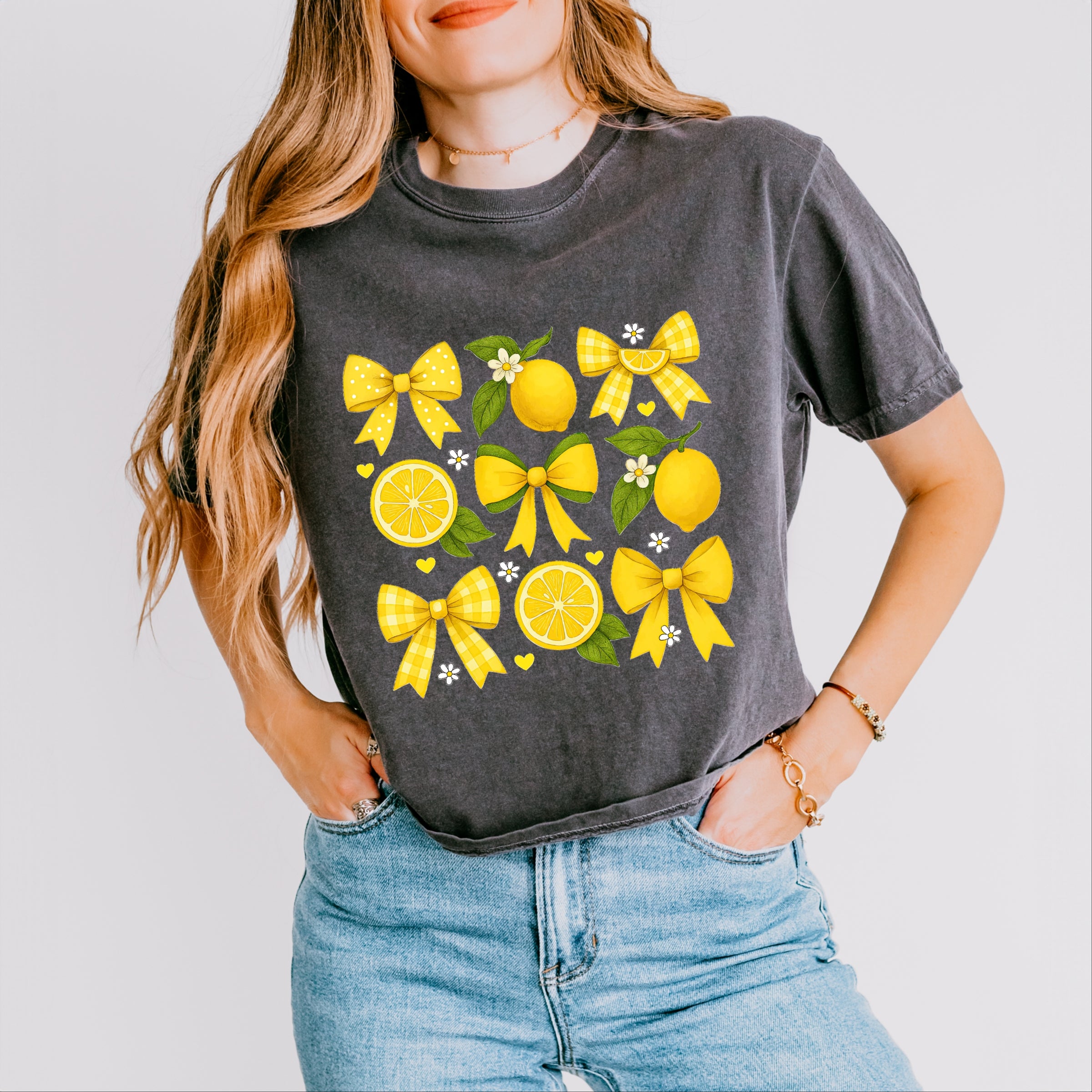 Coquette Lemons Pattern Bows - Women's Boxy Crop Top Graphic T-Shirt