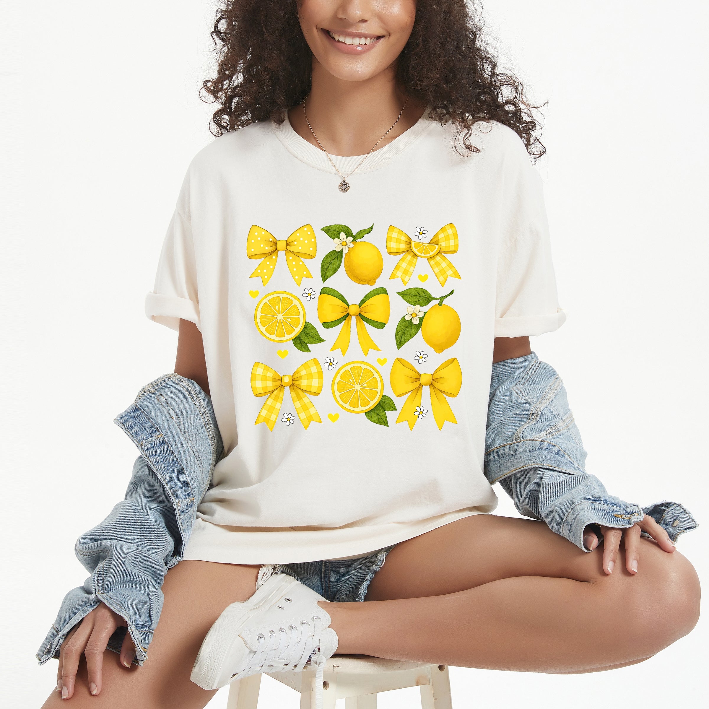Coquette Lemons Pattern Bows - Women's Garment Dyed Graphic T-Shirt