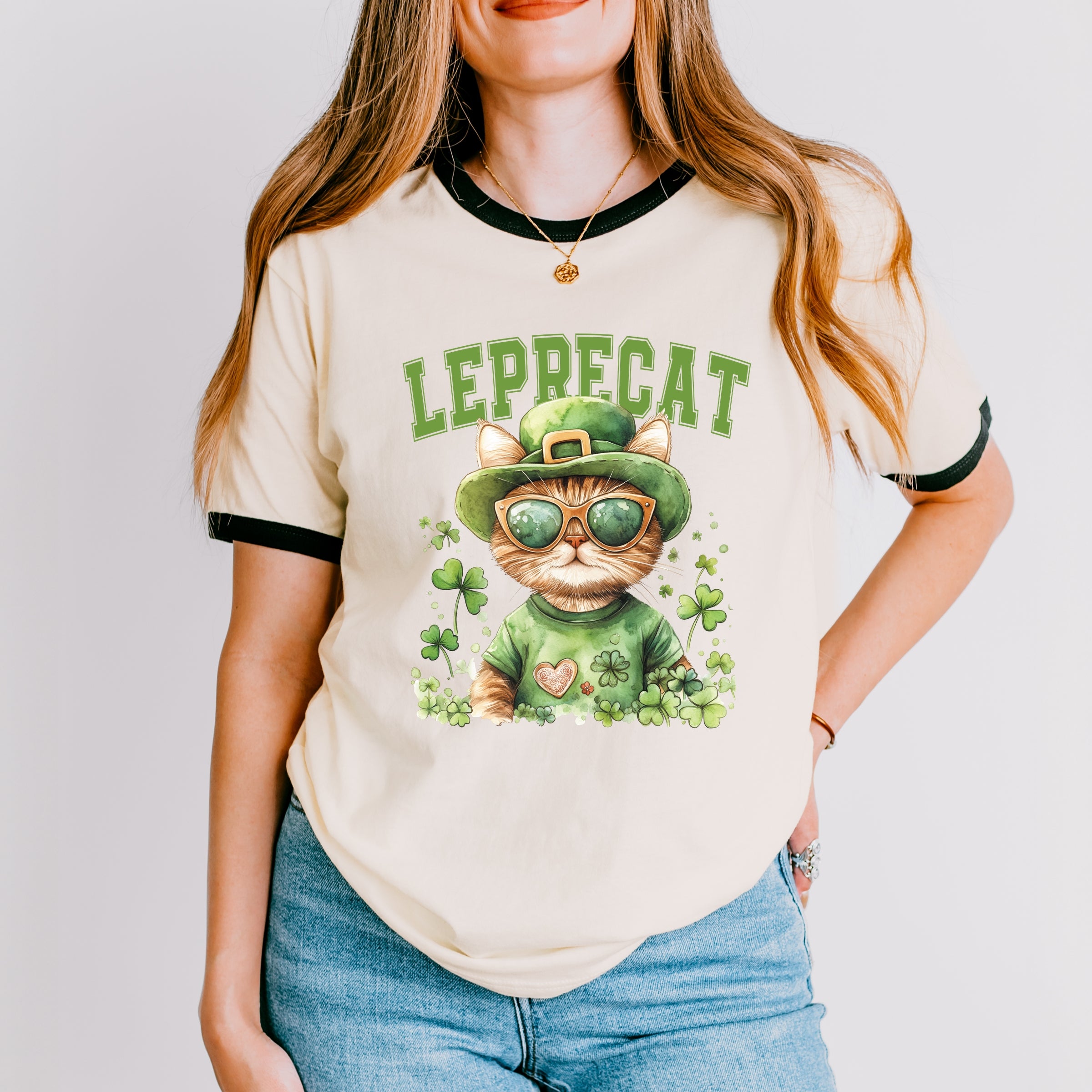 Leprecat Watercolor Cat - Women's Ringer Graphic T-Shirt