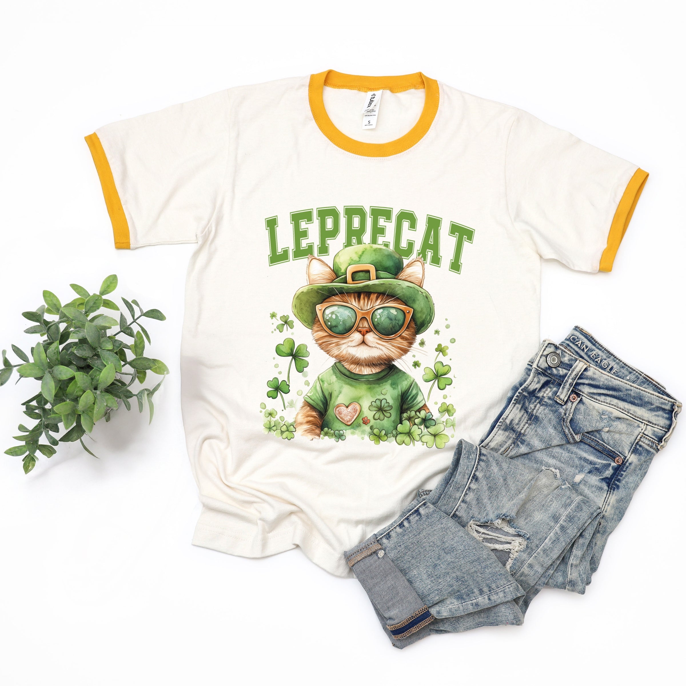 Leprecat Watercolor Cat - Women's Ringer Graphic T-Shirt