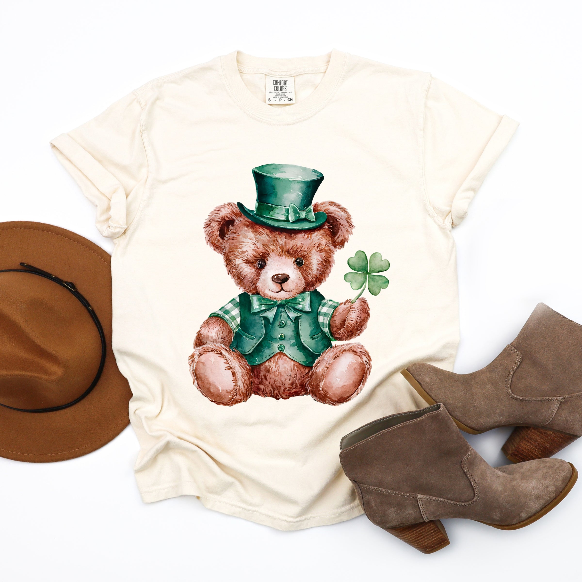 St. Patrick's Bear Clover - Women's Garment Dyed Graphic T-Shirt