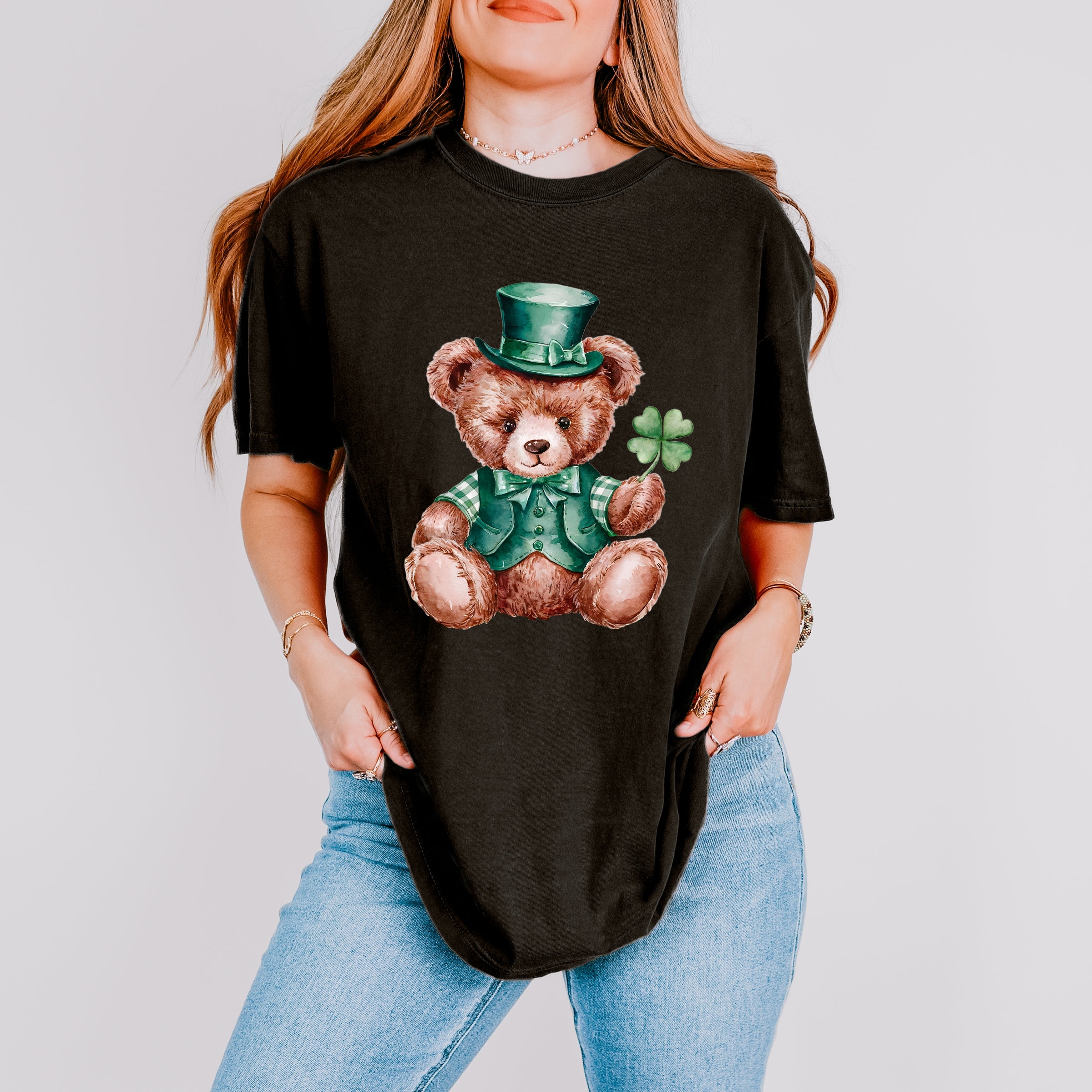 St. Patrick's Bear Clover - Women's Garment Dyed Graphic T-Shirt