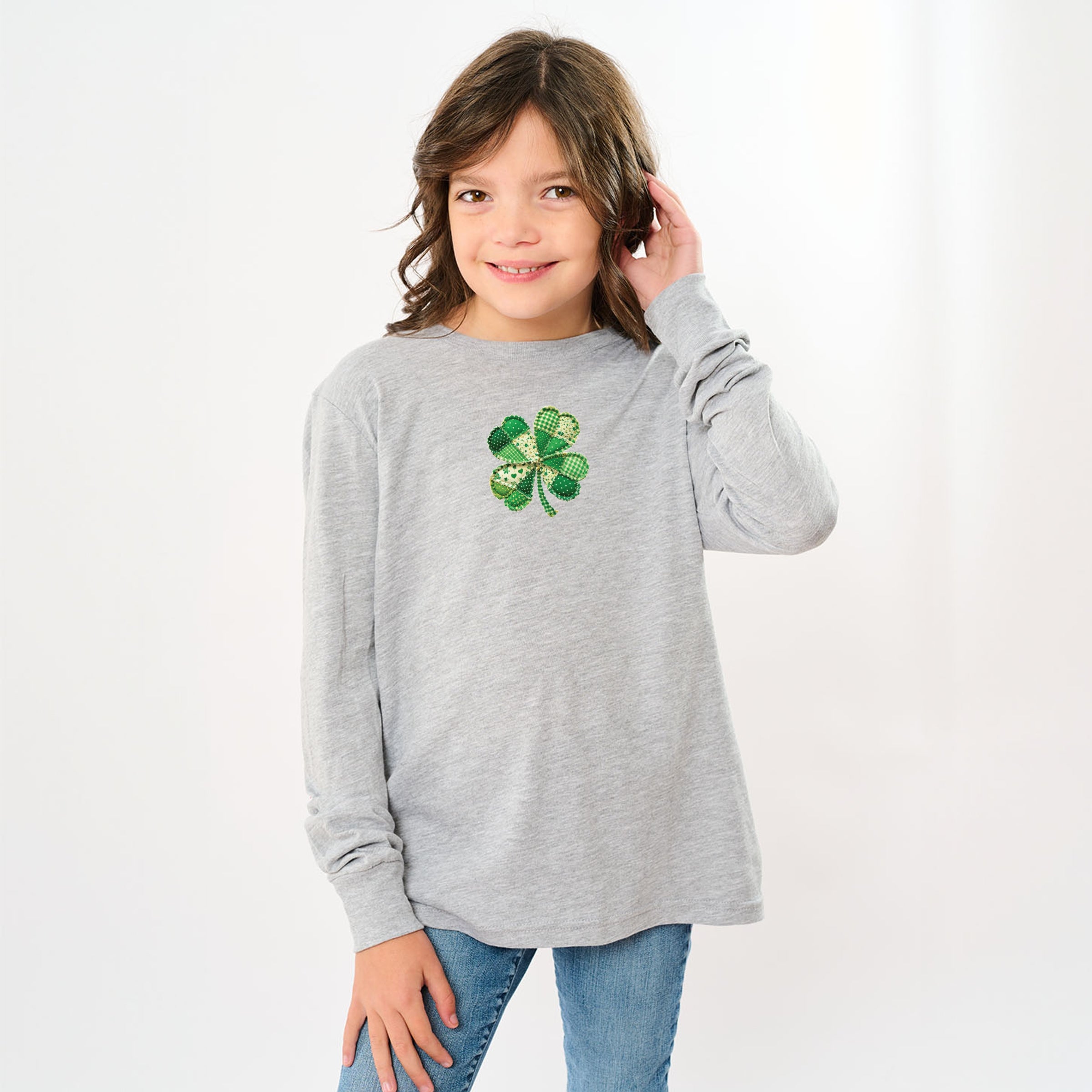 Four Leaf Clover Patchwork Print - Youth Long Sleeve Graphic T-Shirt