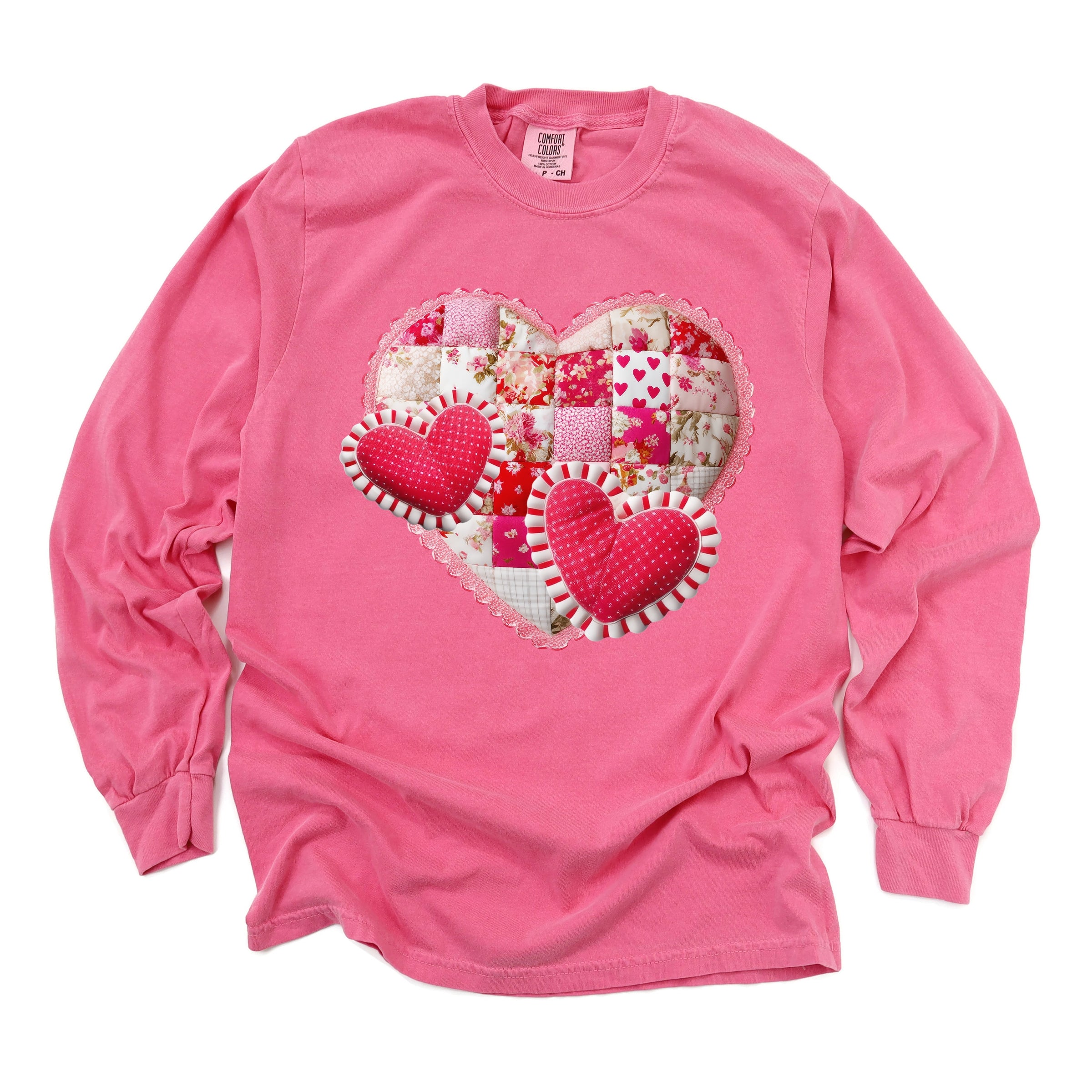 Hearts Patchwork Print - Women's Garment Dyed Long Sleeve Graphic T-Shirt