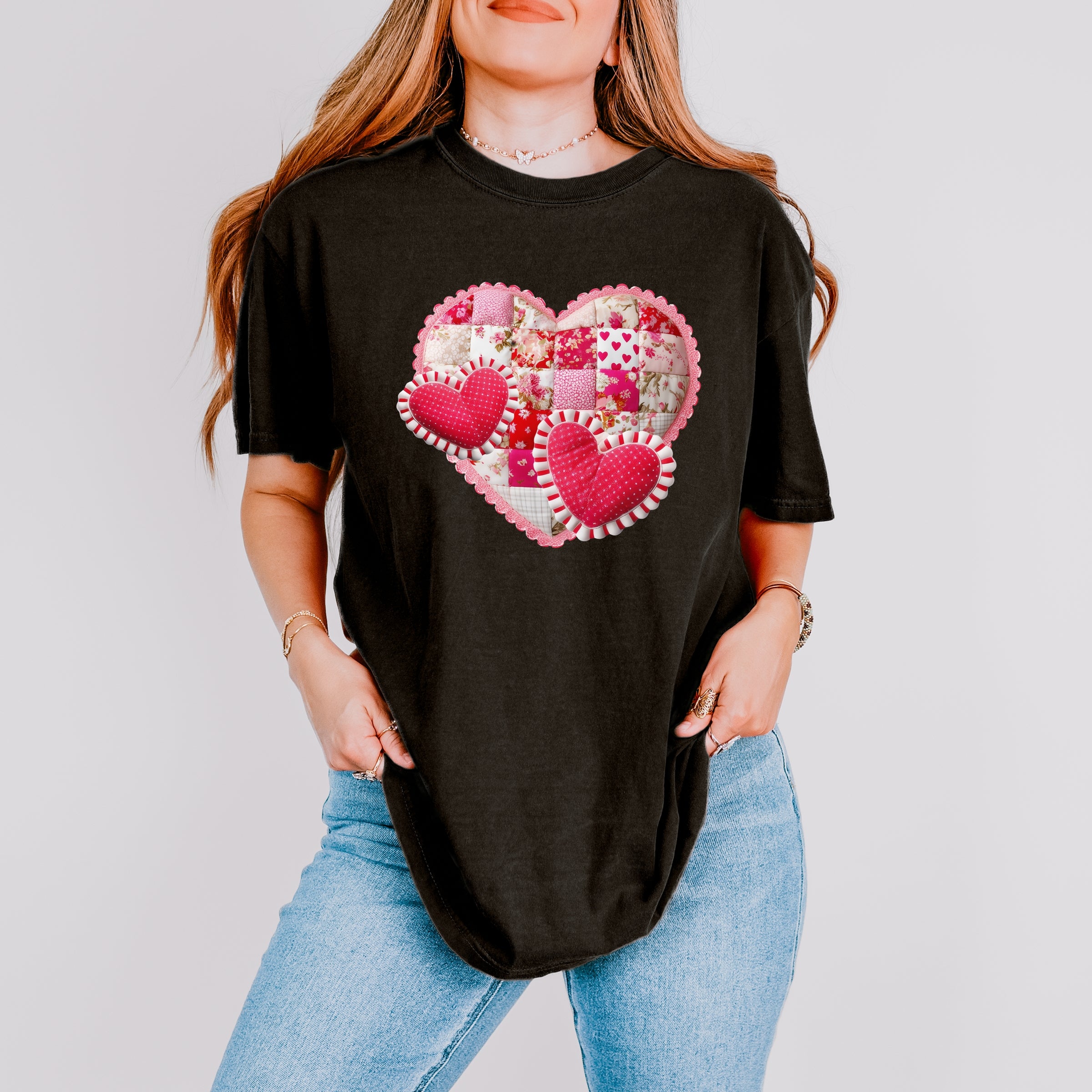 Hearts Patchwork Print - Women's Garment Dyed Graphic T-Shirt