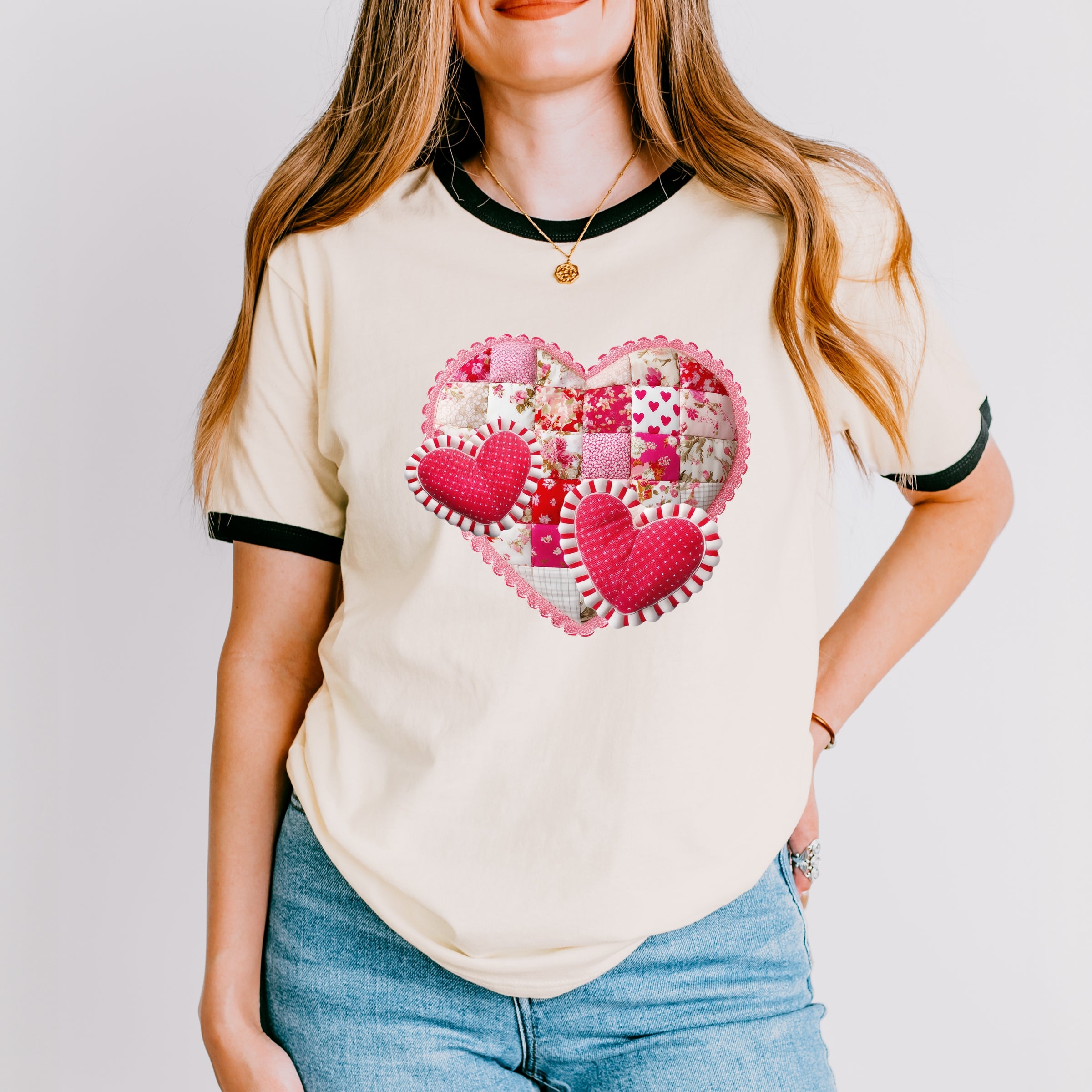 Hearts Patchwork Print - Women's Ringer Graphic T-Shirt