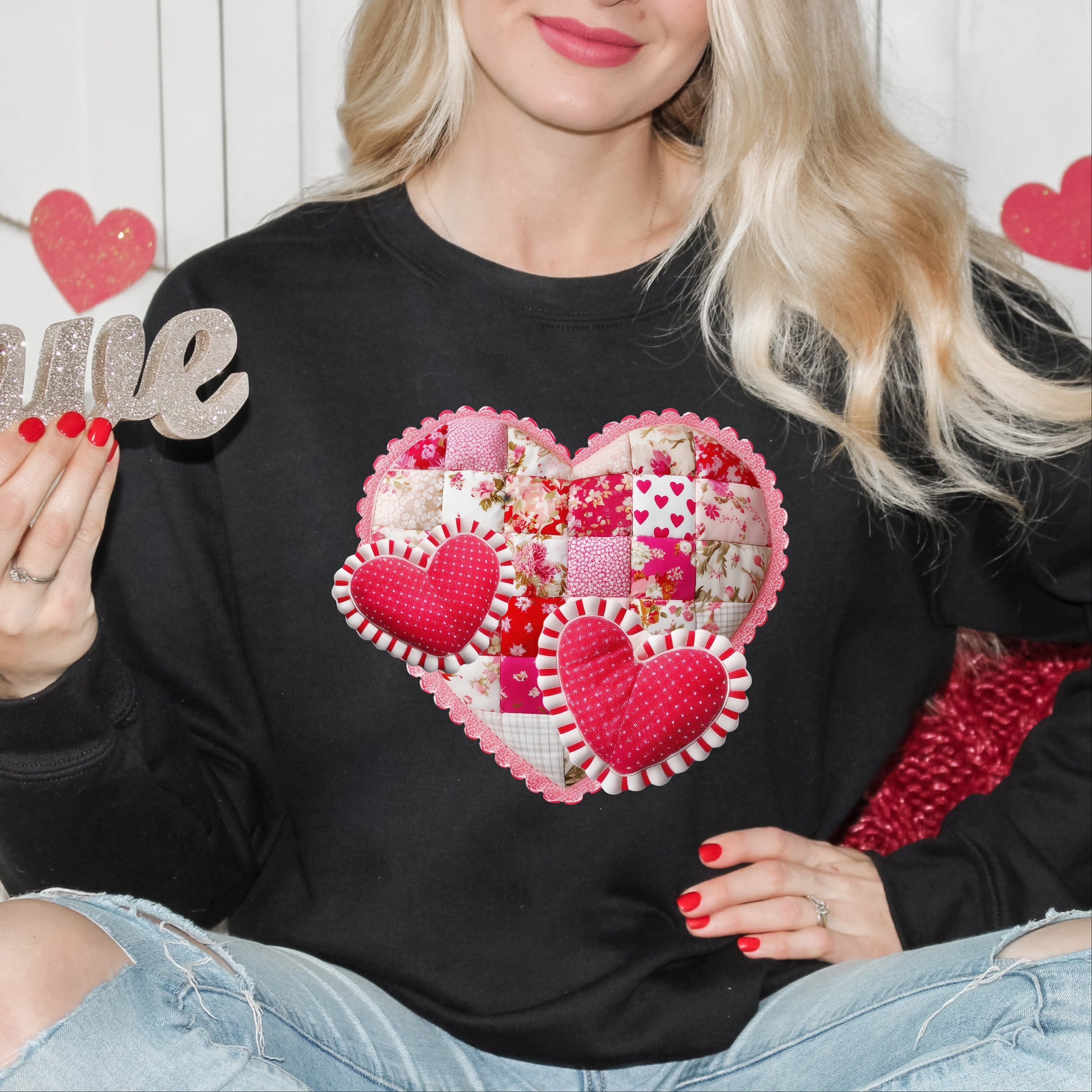 Hearts Patchwork Print - Women's Graphic Sweatshirt