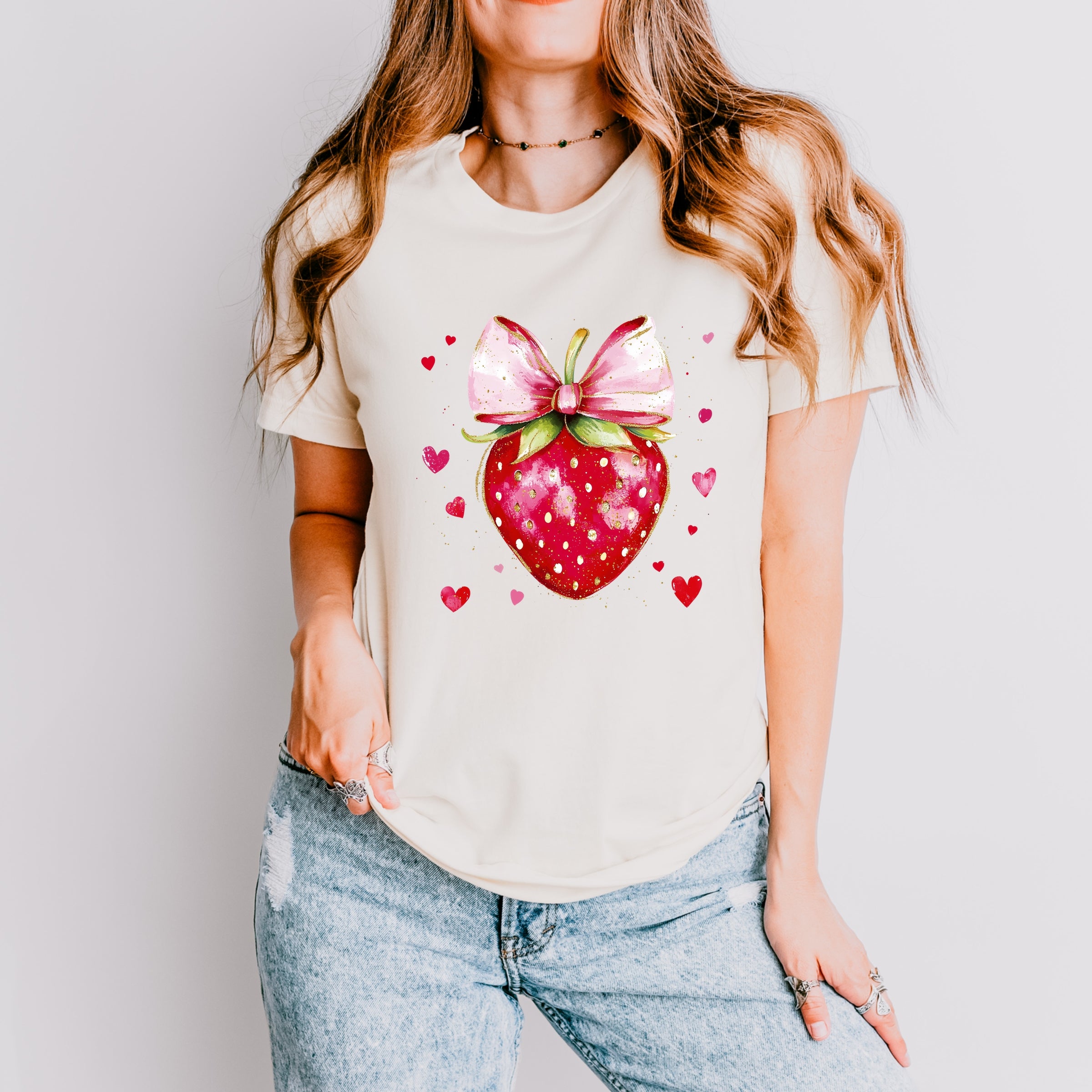 Coquette Strawberry Hearts Watercolor - Women's Short Sleeve Graphic T-Shirt