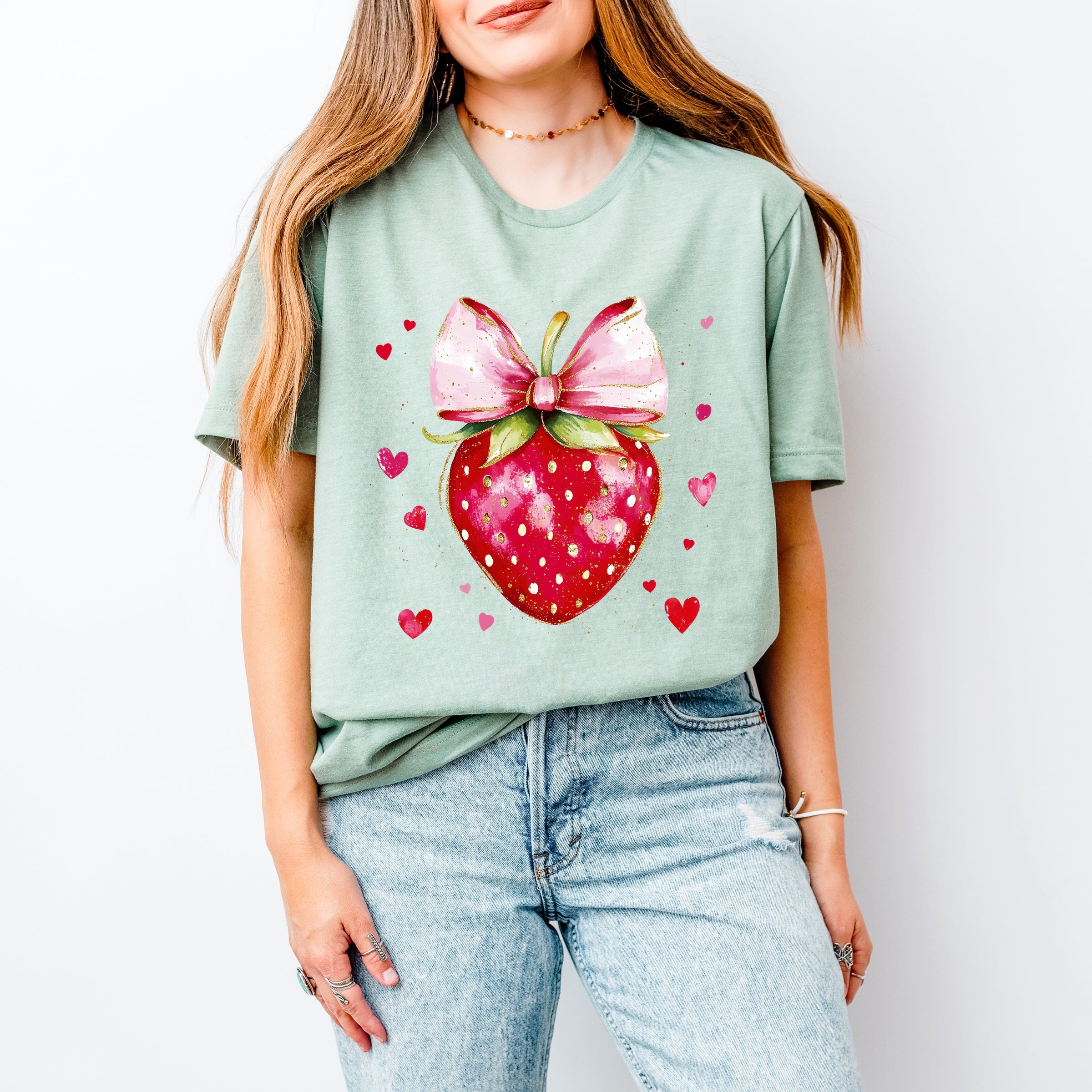 Coquette Strawberry Hearts Watercolor - Women's Short Sleeve Graphic T-Shirt