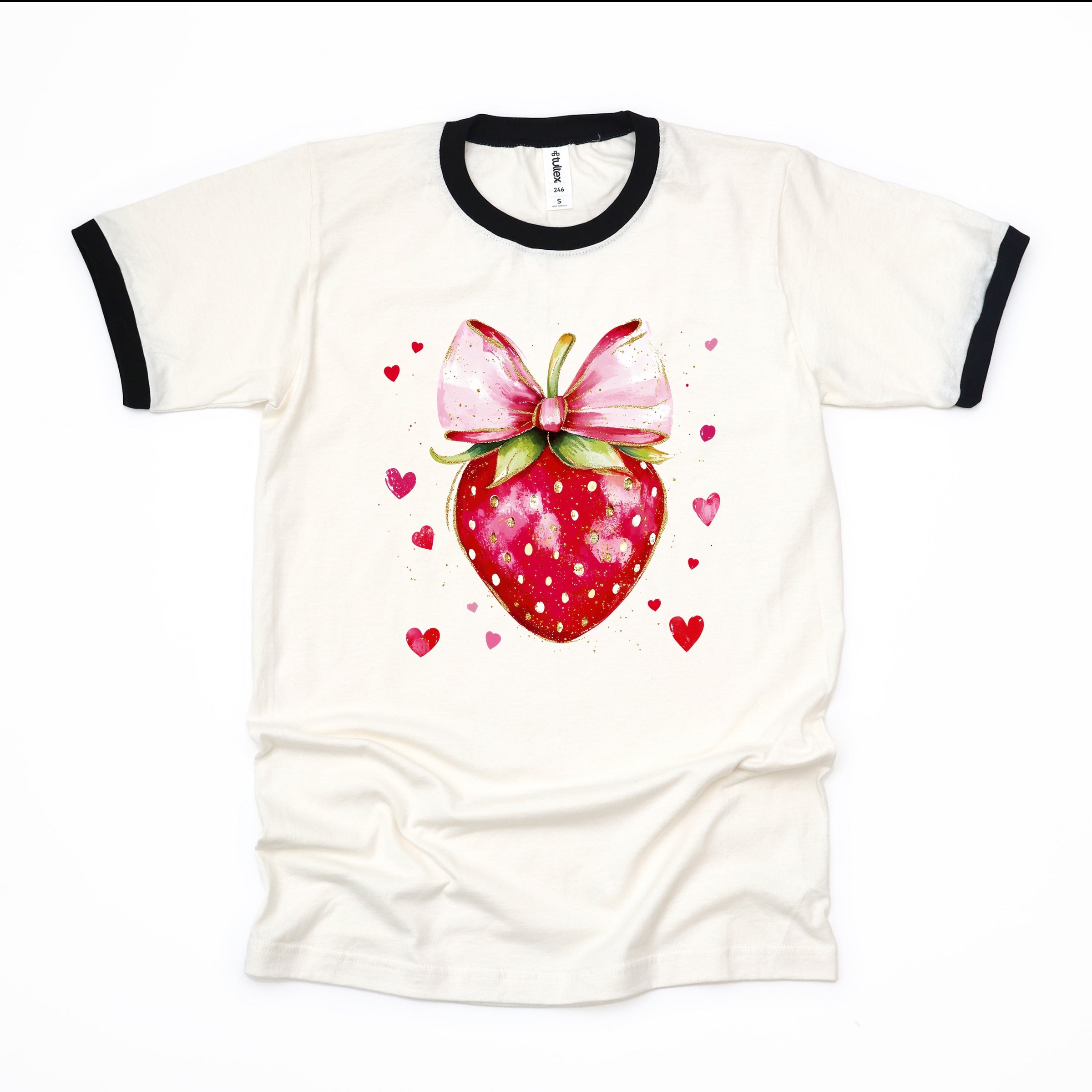Coquette Strawberry Hearts Watercolor - Women's Ringer Graphic T-Shirt
