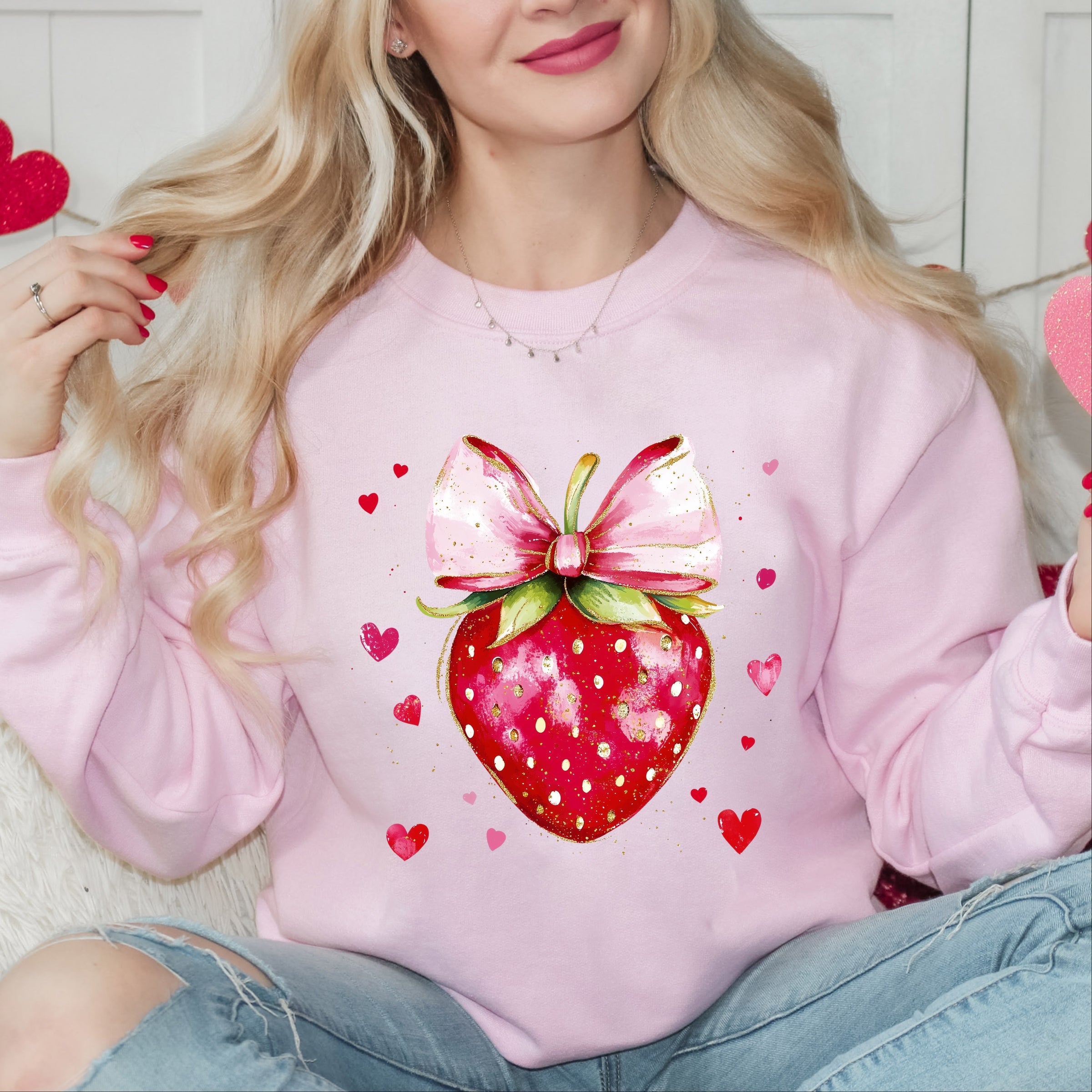 Coquette Strawberry Hearts Watercolor - Women's Graphic Sweatshirt