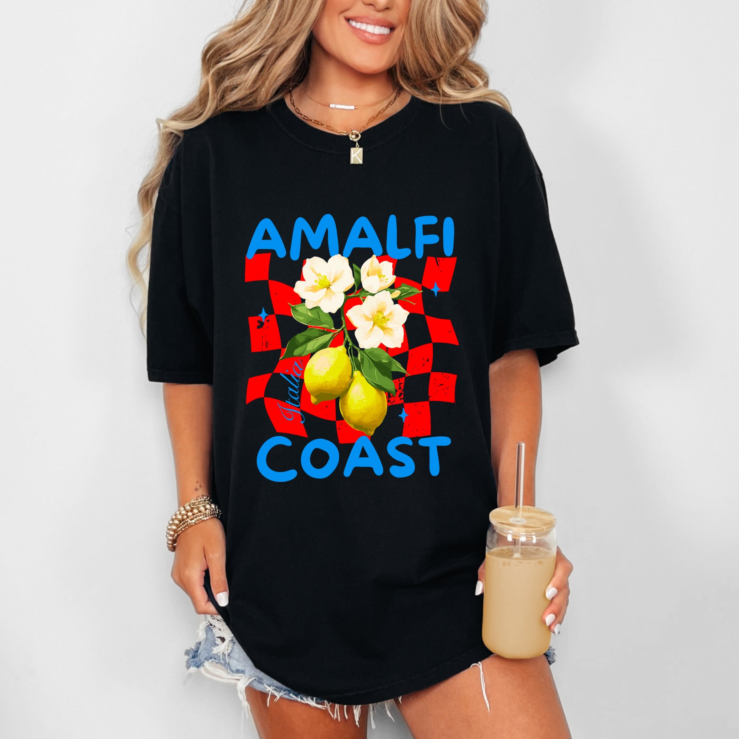 Amalfi Coast Red Checkerboard - Women's Garment Dyed Graphic T-Shirt