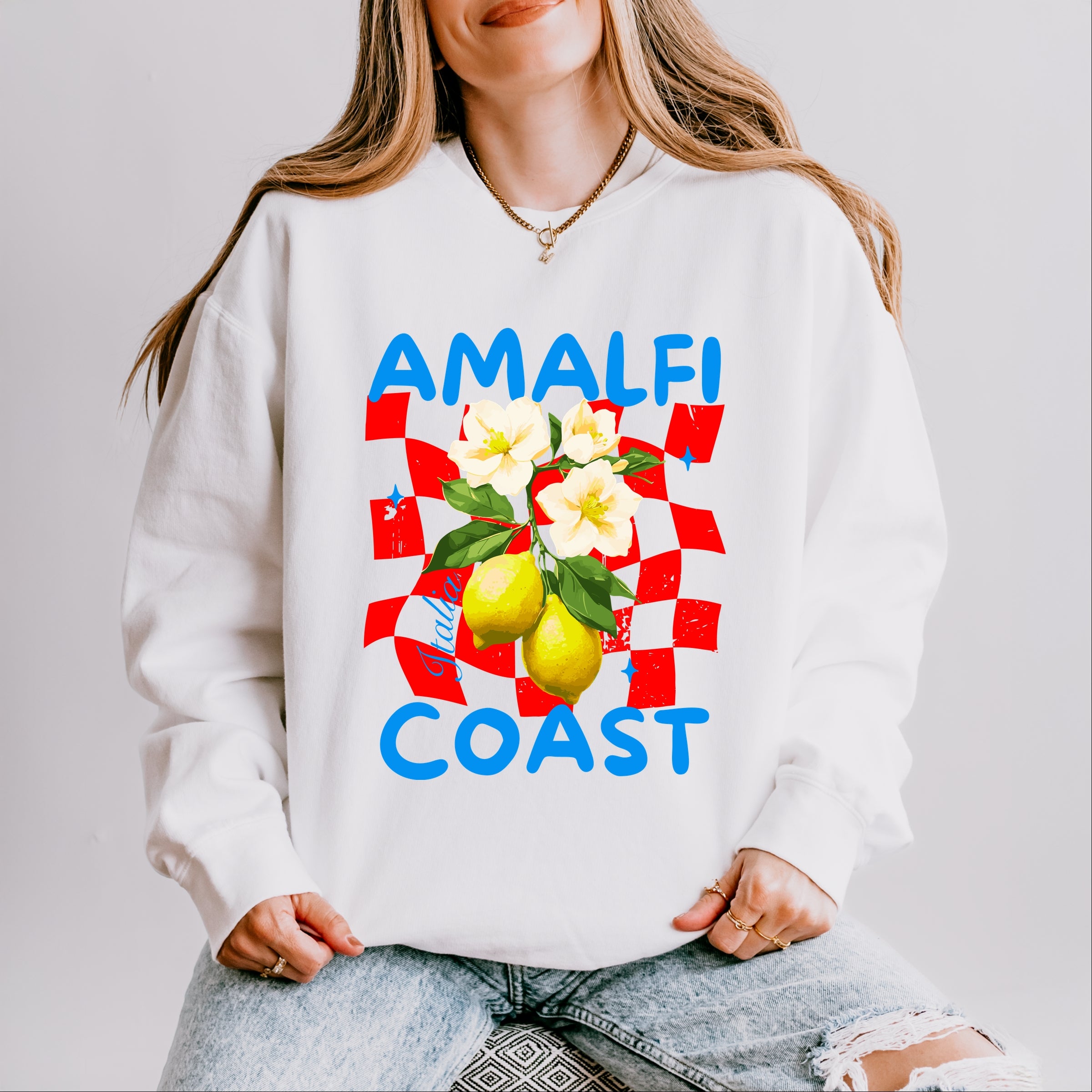 Amalfi Coast Red Checkerboard - Women's Lightweight Garment Dyed Sweatshirt