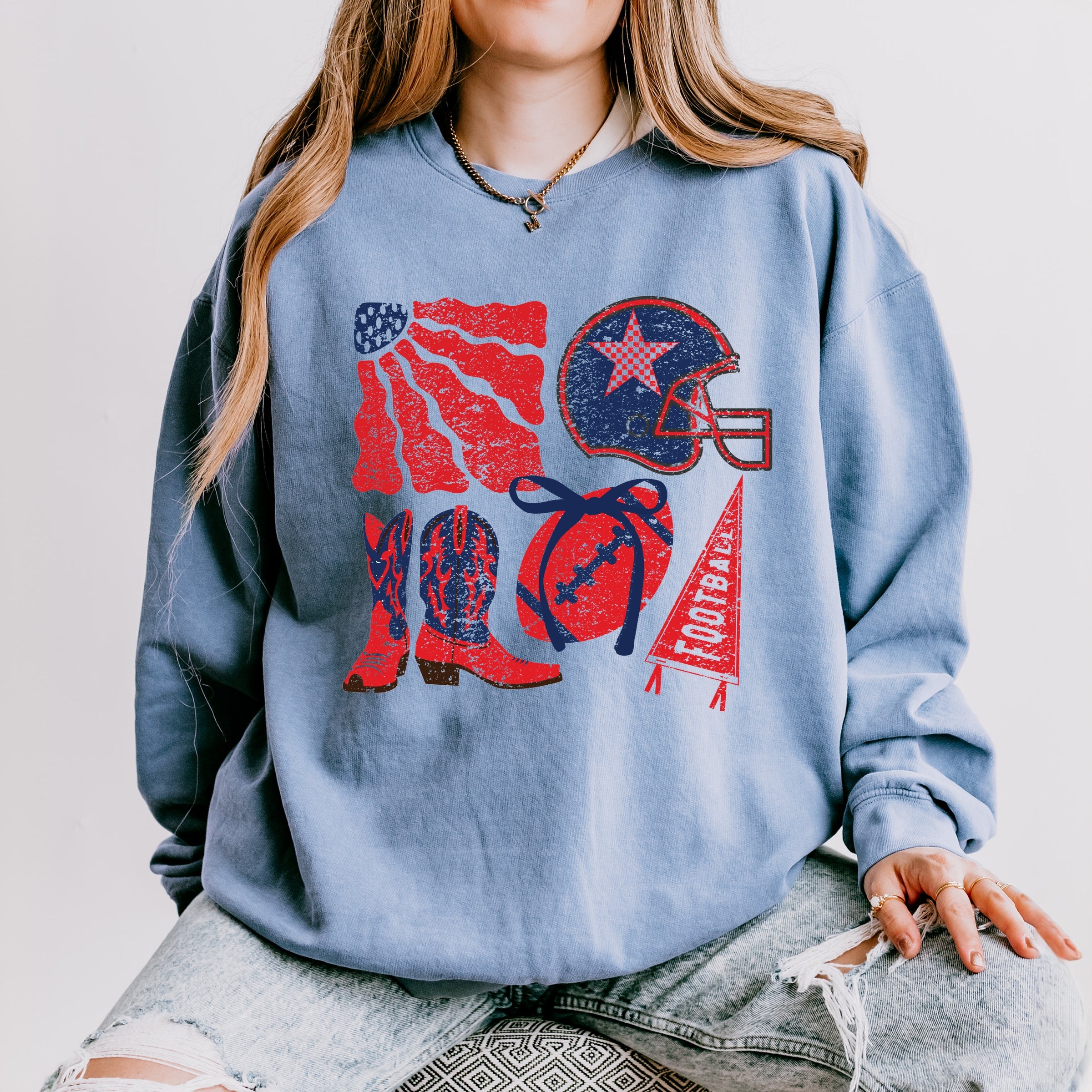 Football Flag Red and Blue - Womens Lightweight Garment Dyed Sweatshirt