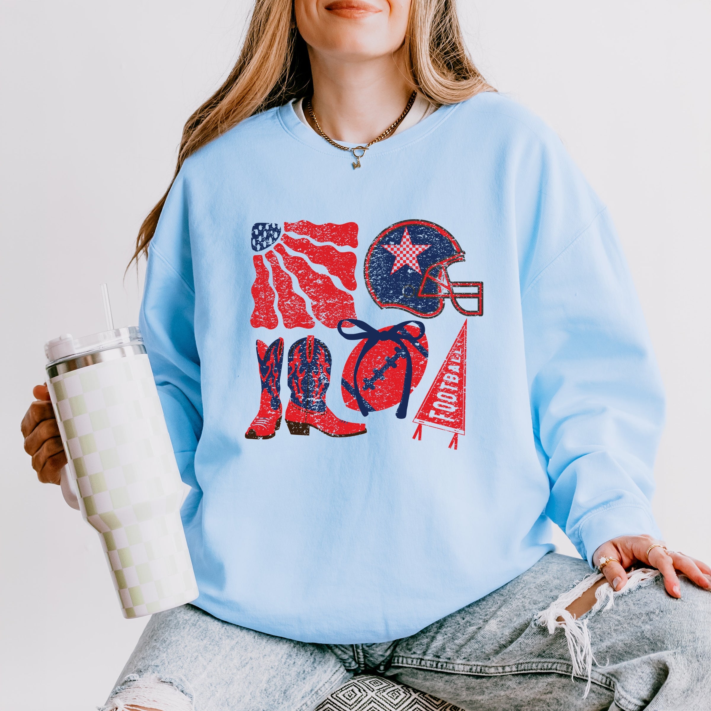 Football Flag Red and Blue - Womens Lightweight Garment Dyed Sweatshirt