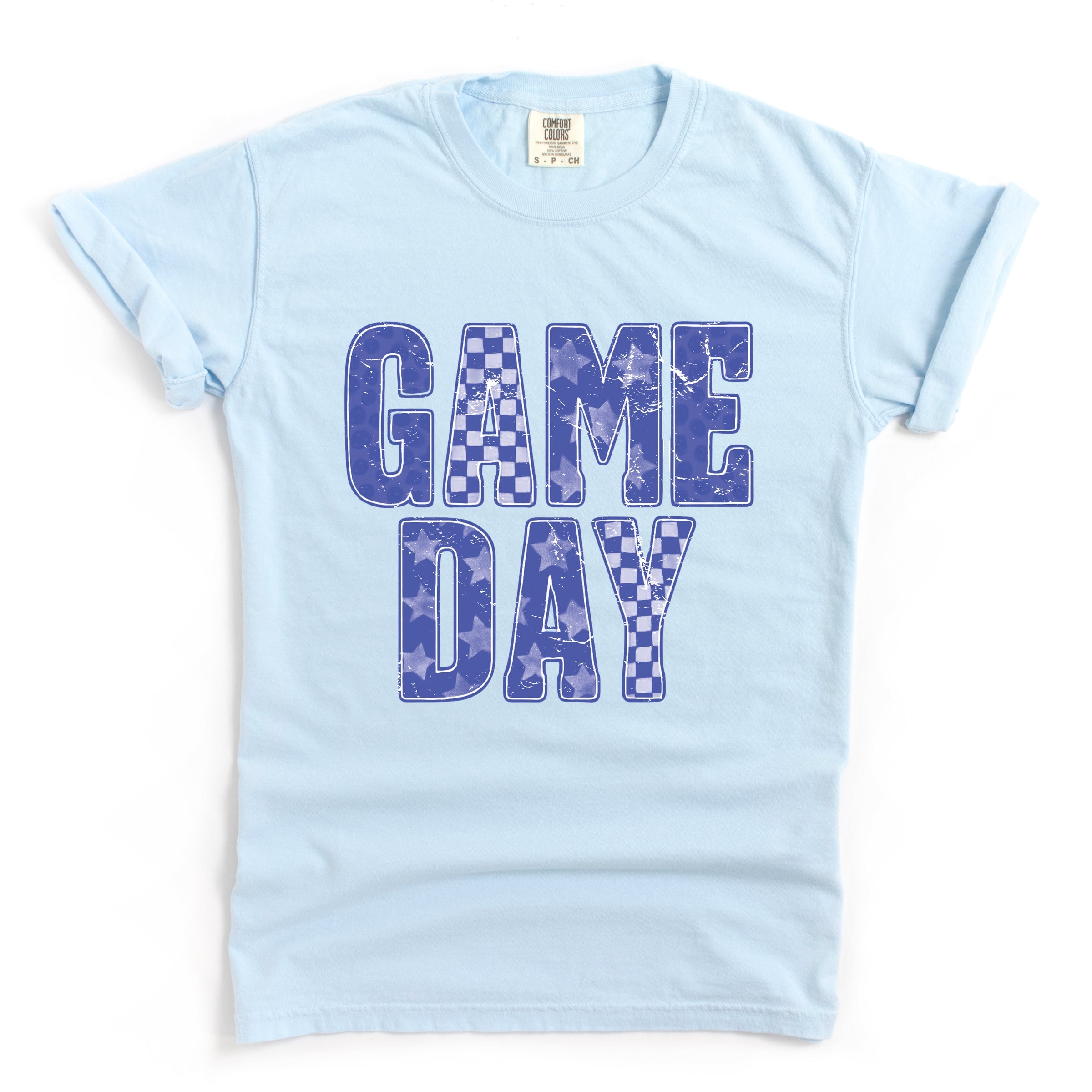 Game Day Blue Checkered - Womens Garment Dyed Tee