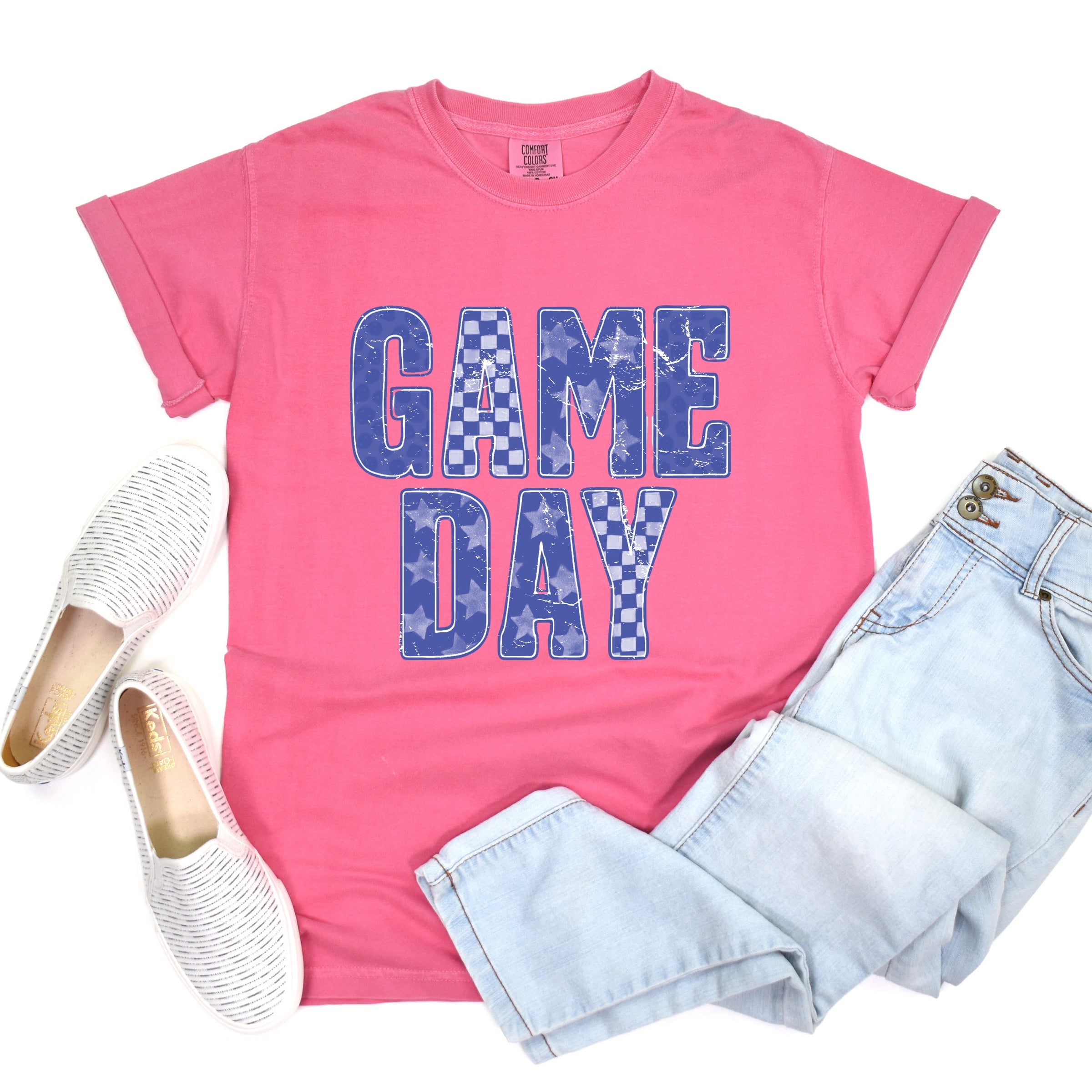 Game Day Blue Checkered - Womens Garment Dyed Tee