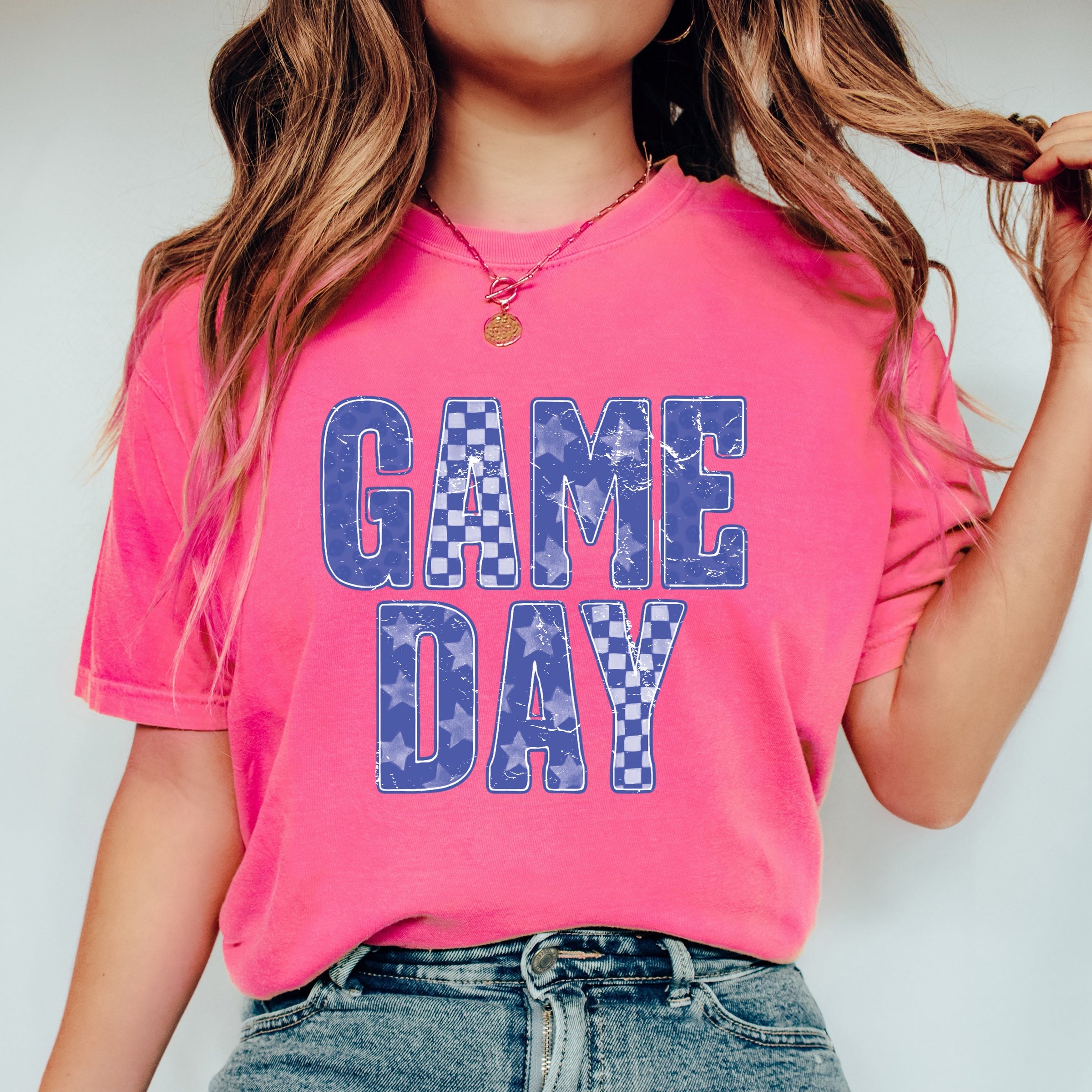 Game Day Blue Checkered - Womens Garment Dyed Tee