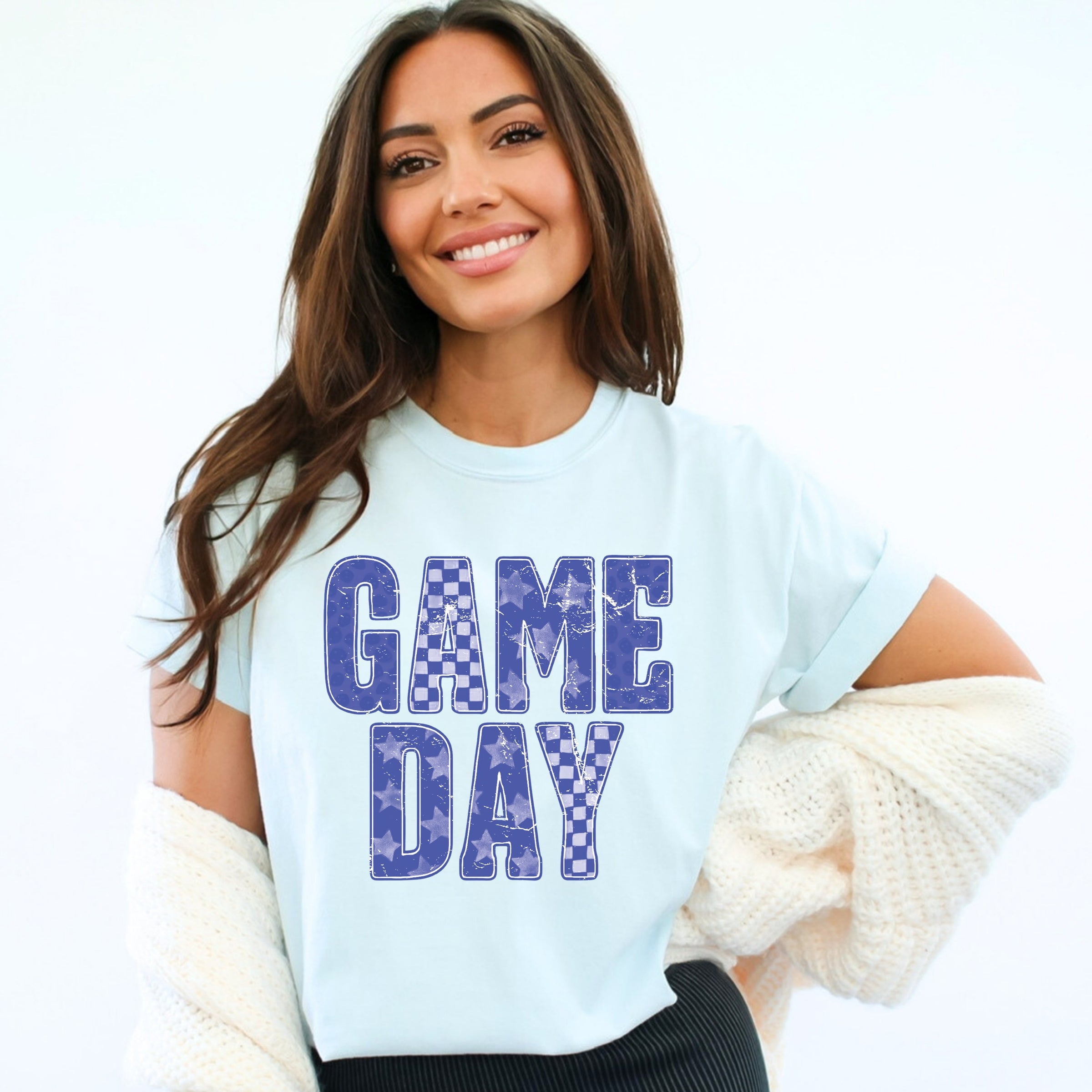 Game Day Blue Checkered - Womens Garment Dyed Tee
