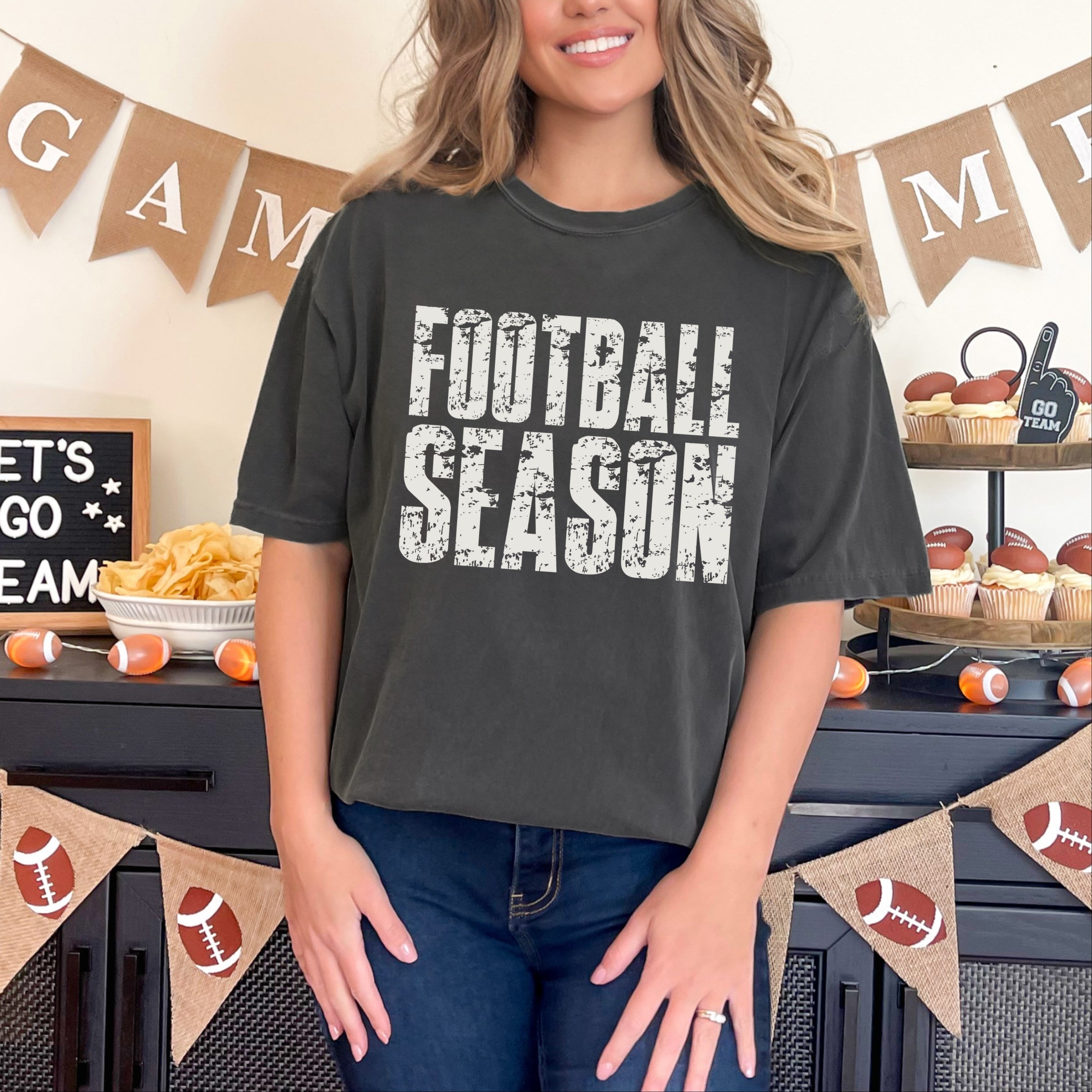 Football Season Block Distressed - Women's Garment Dyed Graphic T-Shirt