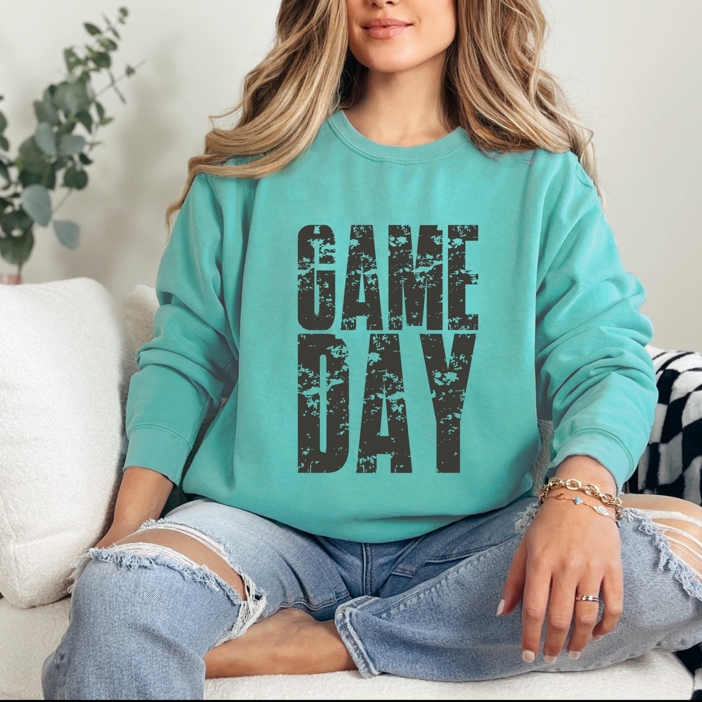 Game Day Block Distressed - Women's Garment Dyed Graphic Sweatshirt