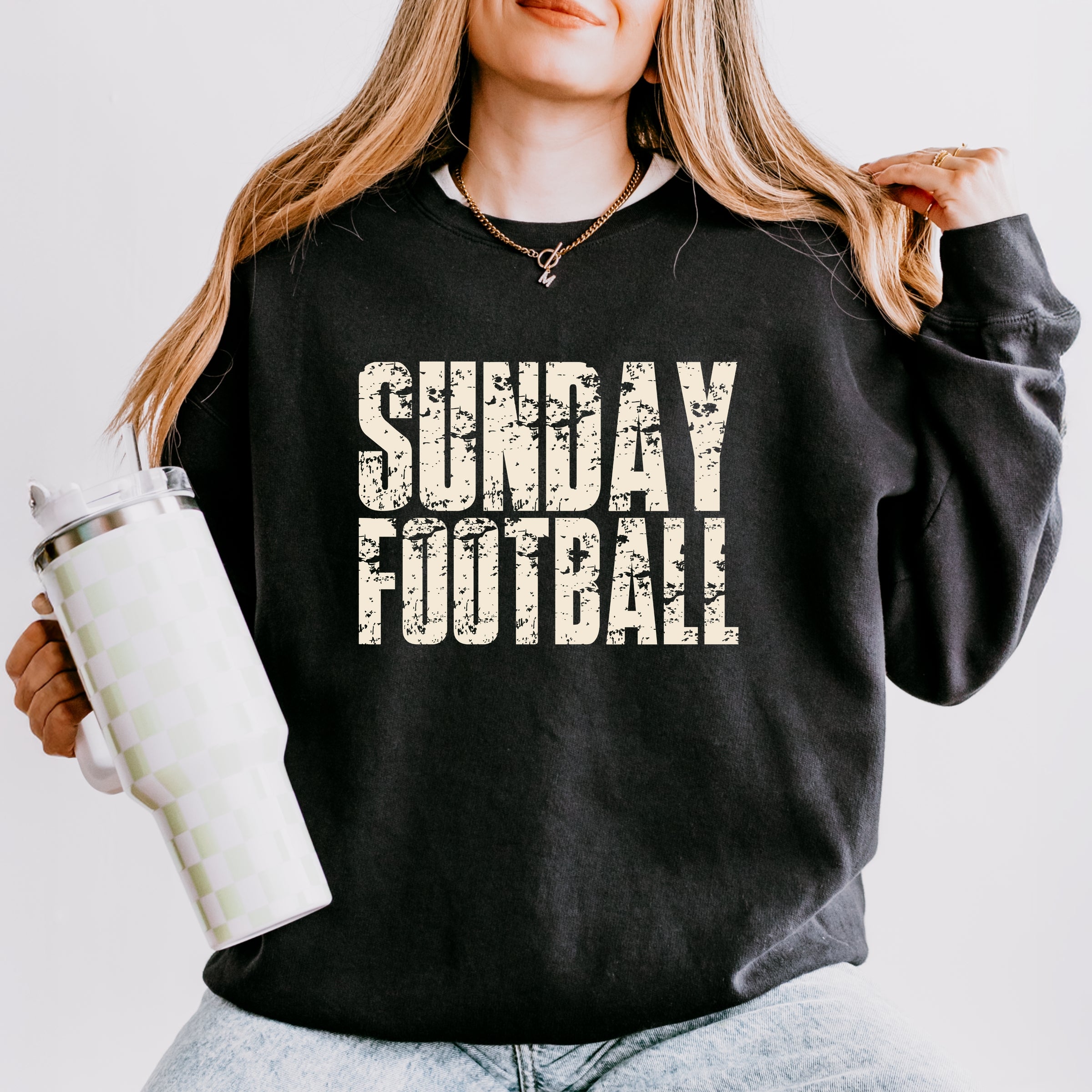Sunday Football Block Distressed - Women's Lightweight Garment Dyed Sweatshirt