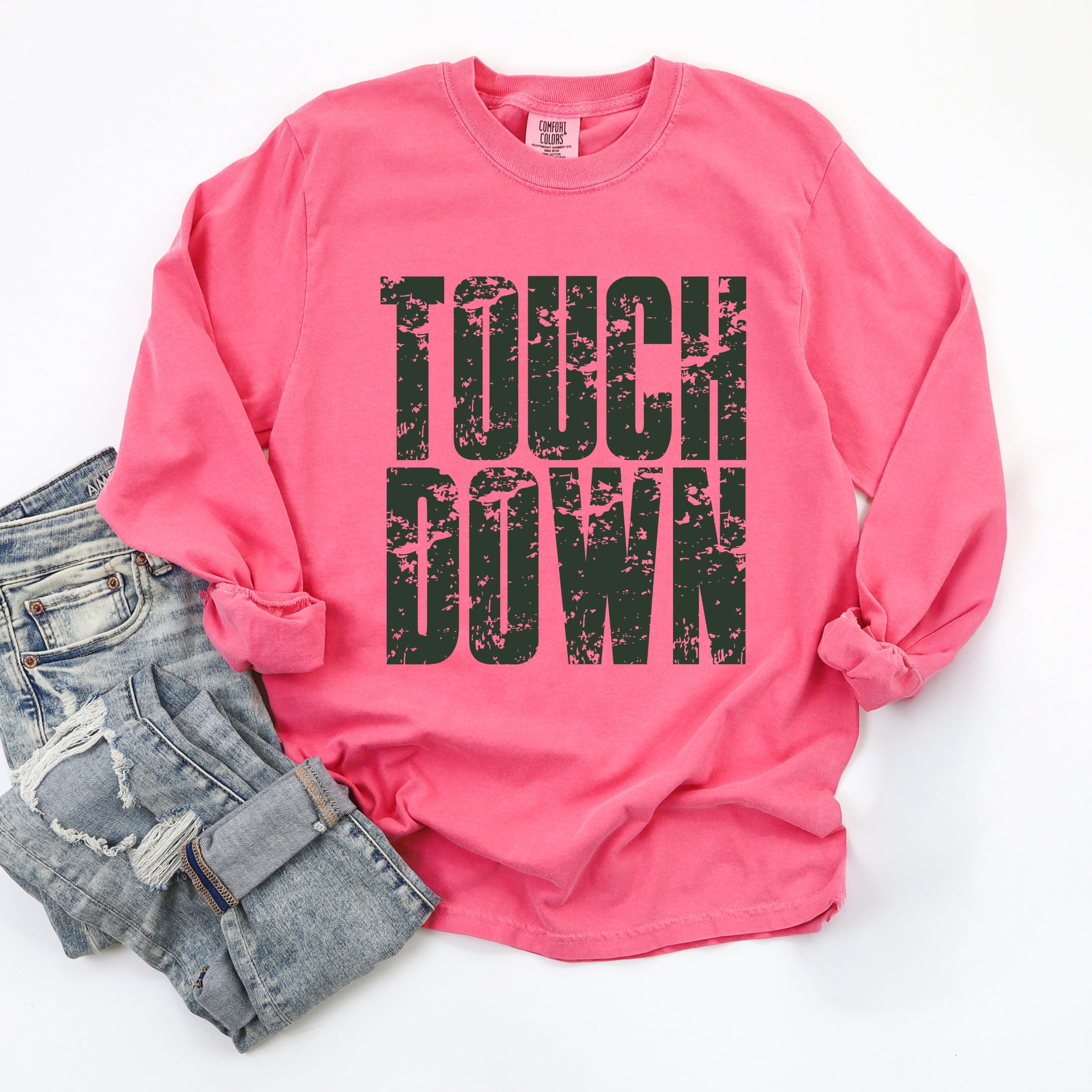 Touch Down Block Distressed - Women's Garment Dyed Long Sleeve Graphic T-Shirt