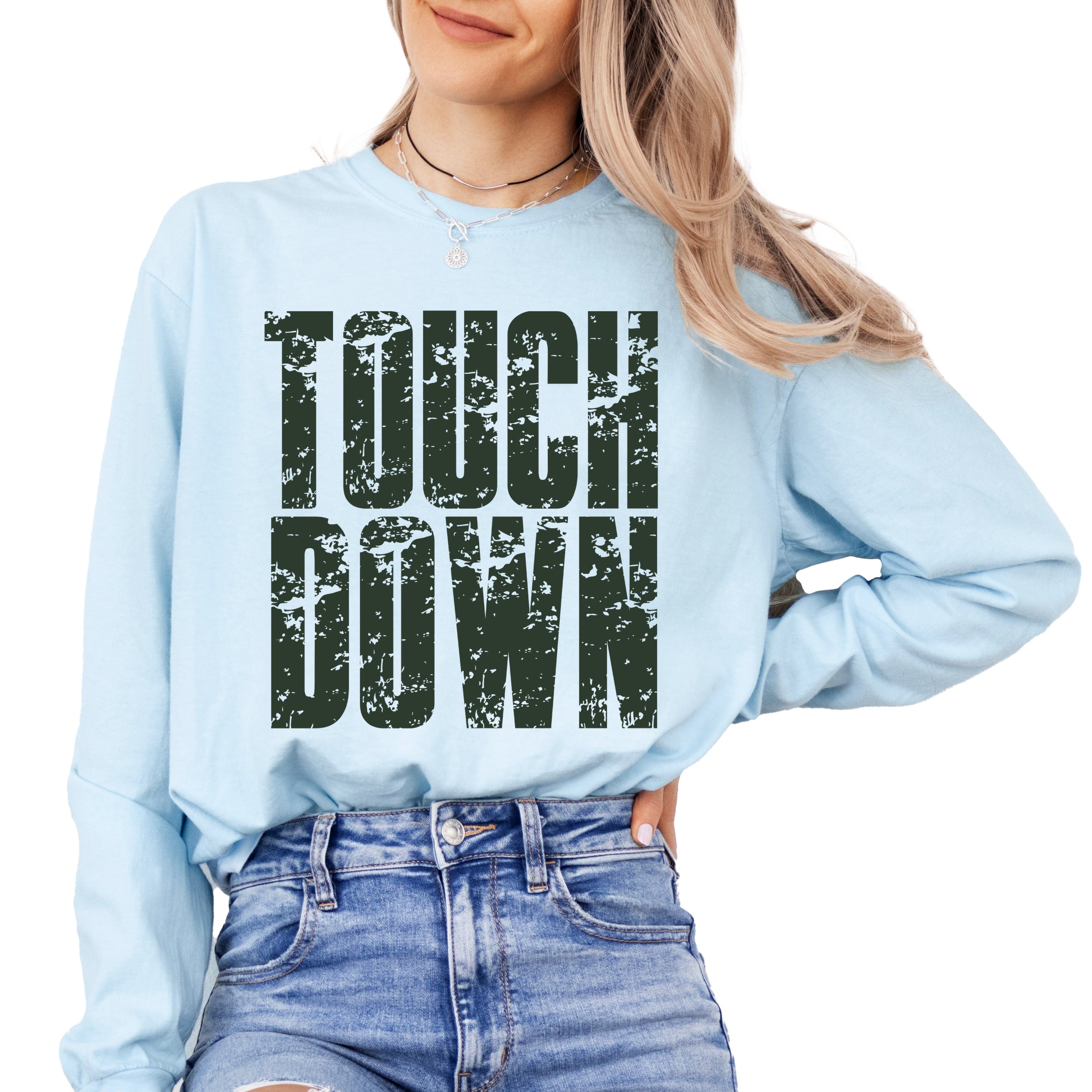 Touch Down Block Distressed - Women's Garment Dyed Long Sleeve Graphic T-Shirt