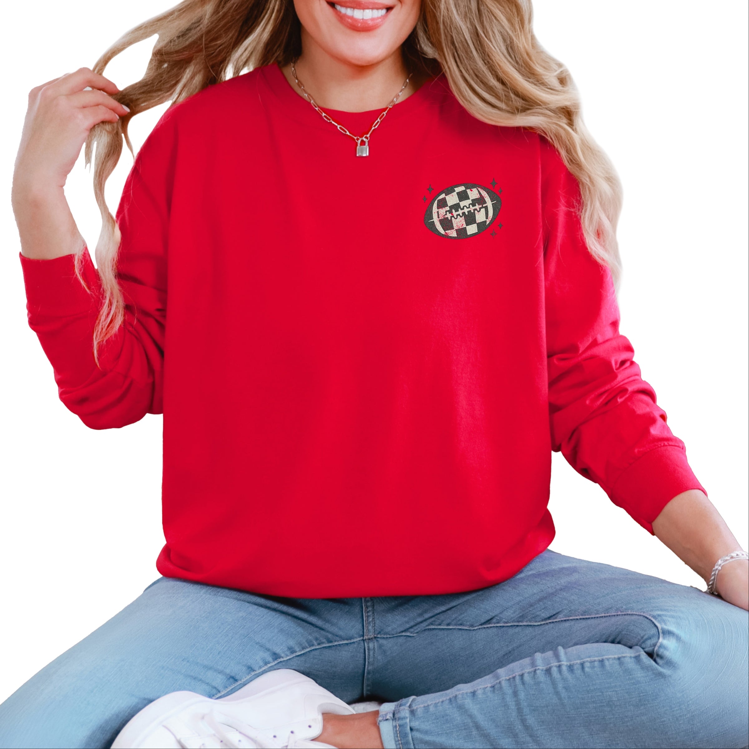 Football Sparkles Distressed - Women's Garment Dyed Long Sleeve Graphic T-Shirt