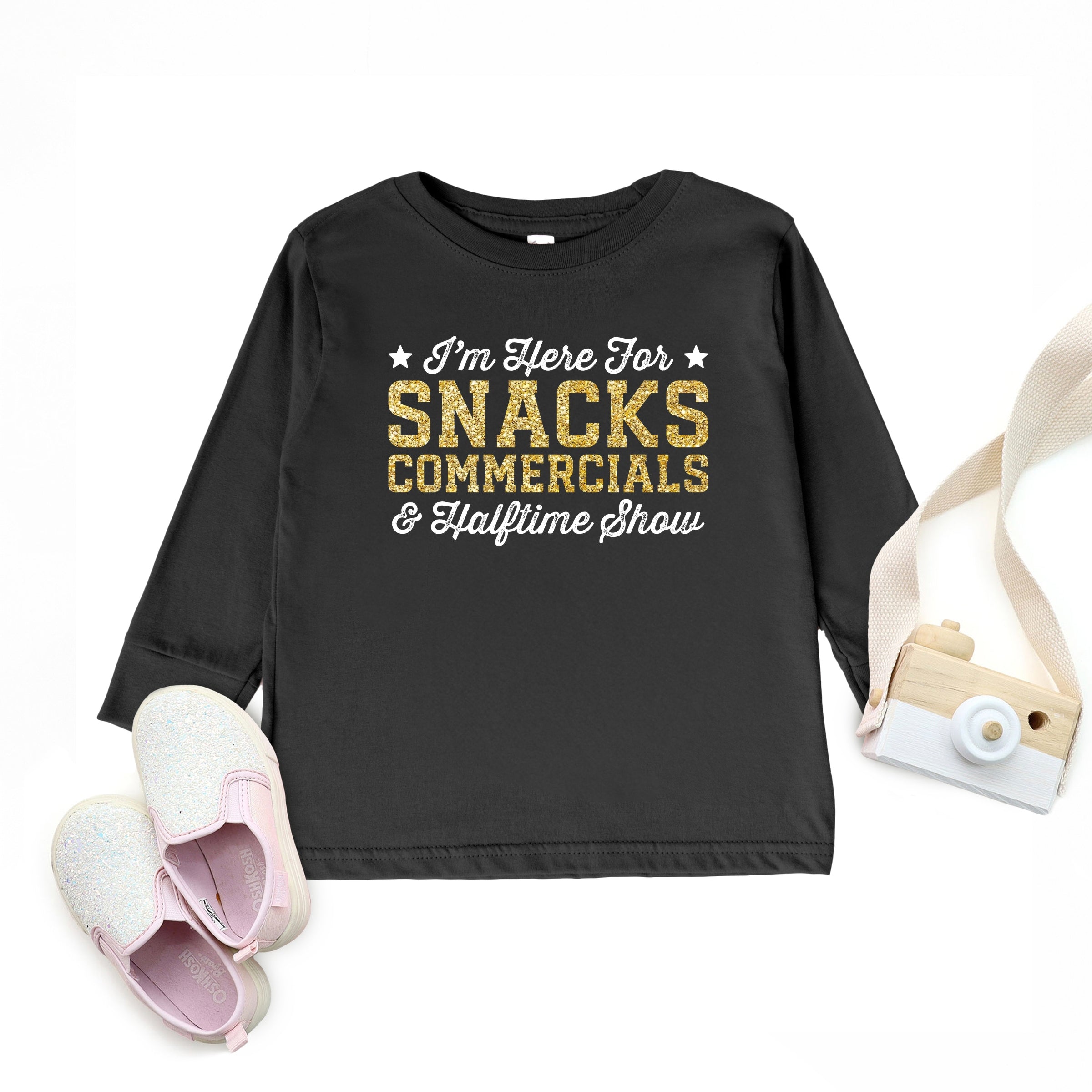 I'm Here For Snacks Commercials & Halftime Show Glitter - Toddler Long Sleeve Graphic Tee
