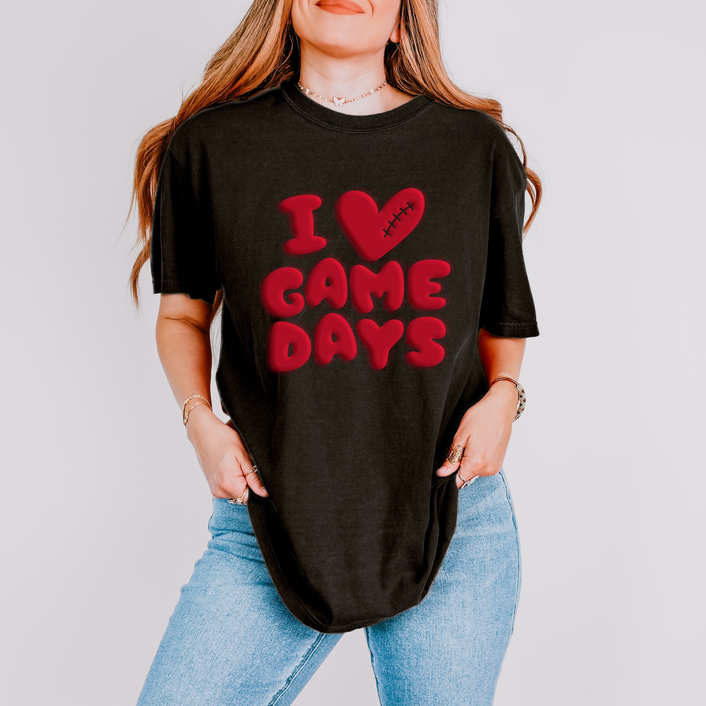 I Love Game Days Puff Print - Women's Garment Dyed Graphic T-Shirt
