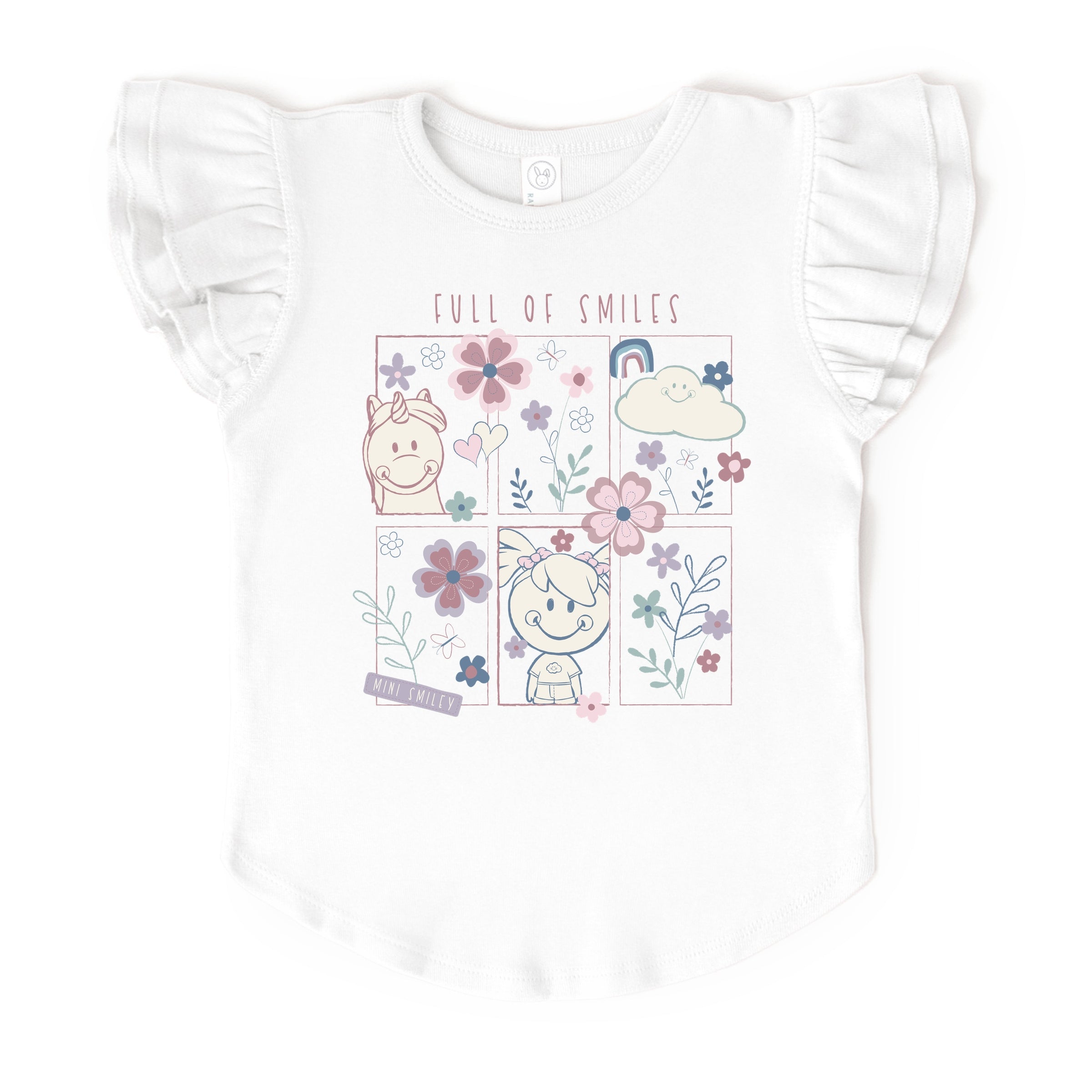 Mini Smiley Full of Smiles Outline - Flutter Sleeve Graphic T-Shirt