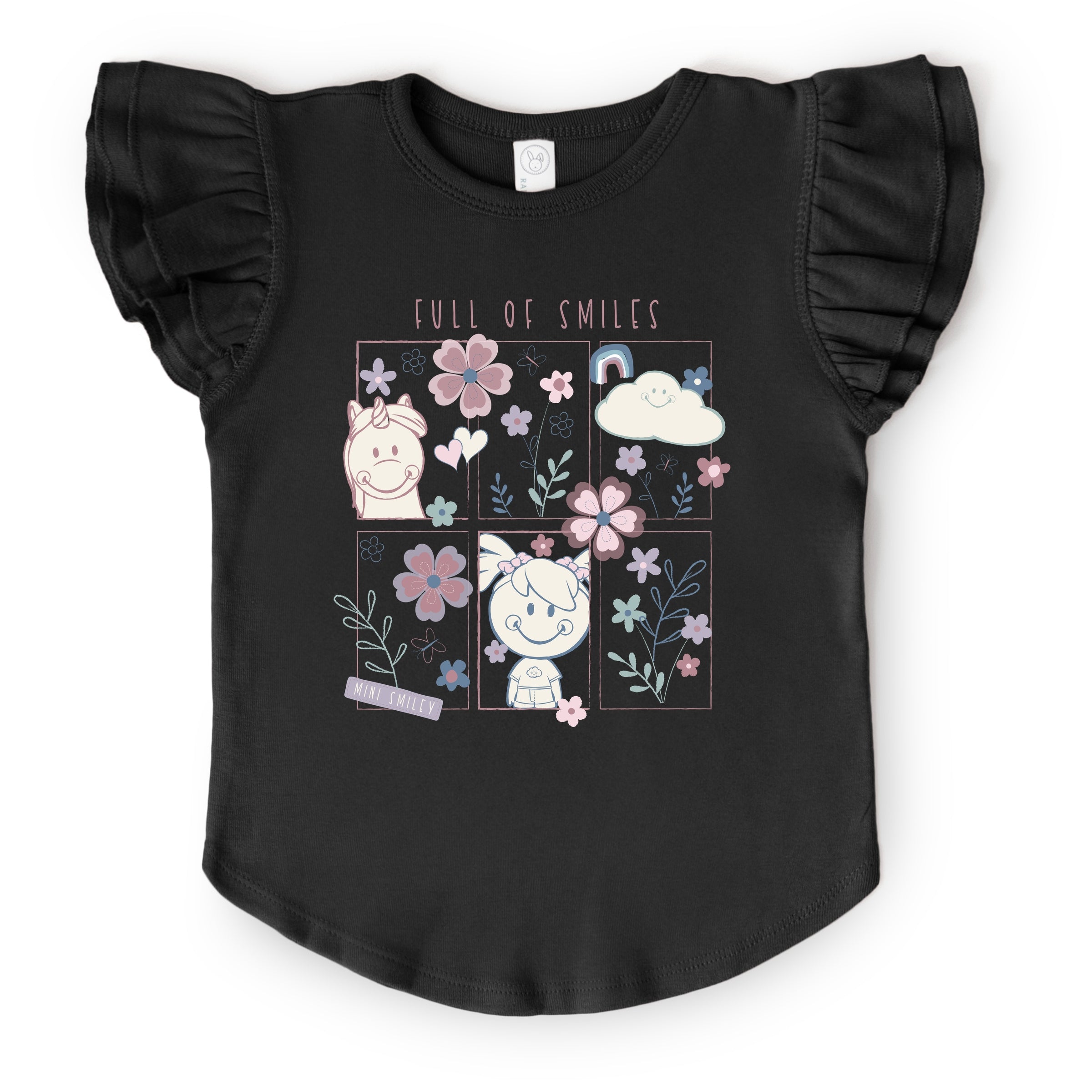 Mini Smiley Full of Smiles Outline - Flutter Sleeve Graphic T-Shirt