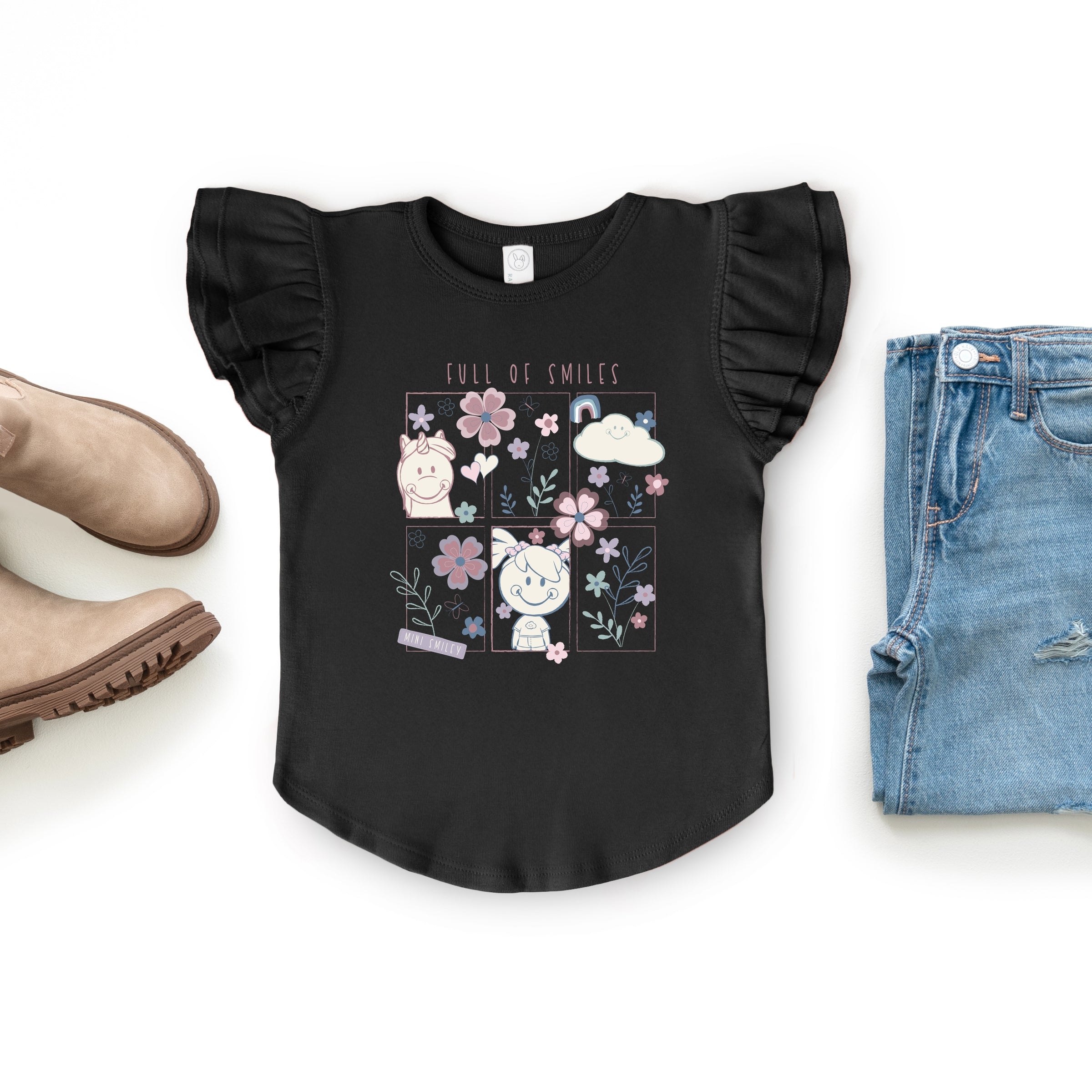 Mini Smiley Full of Smiles Outline - Flutter Sleeve Graphic T-Shirt