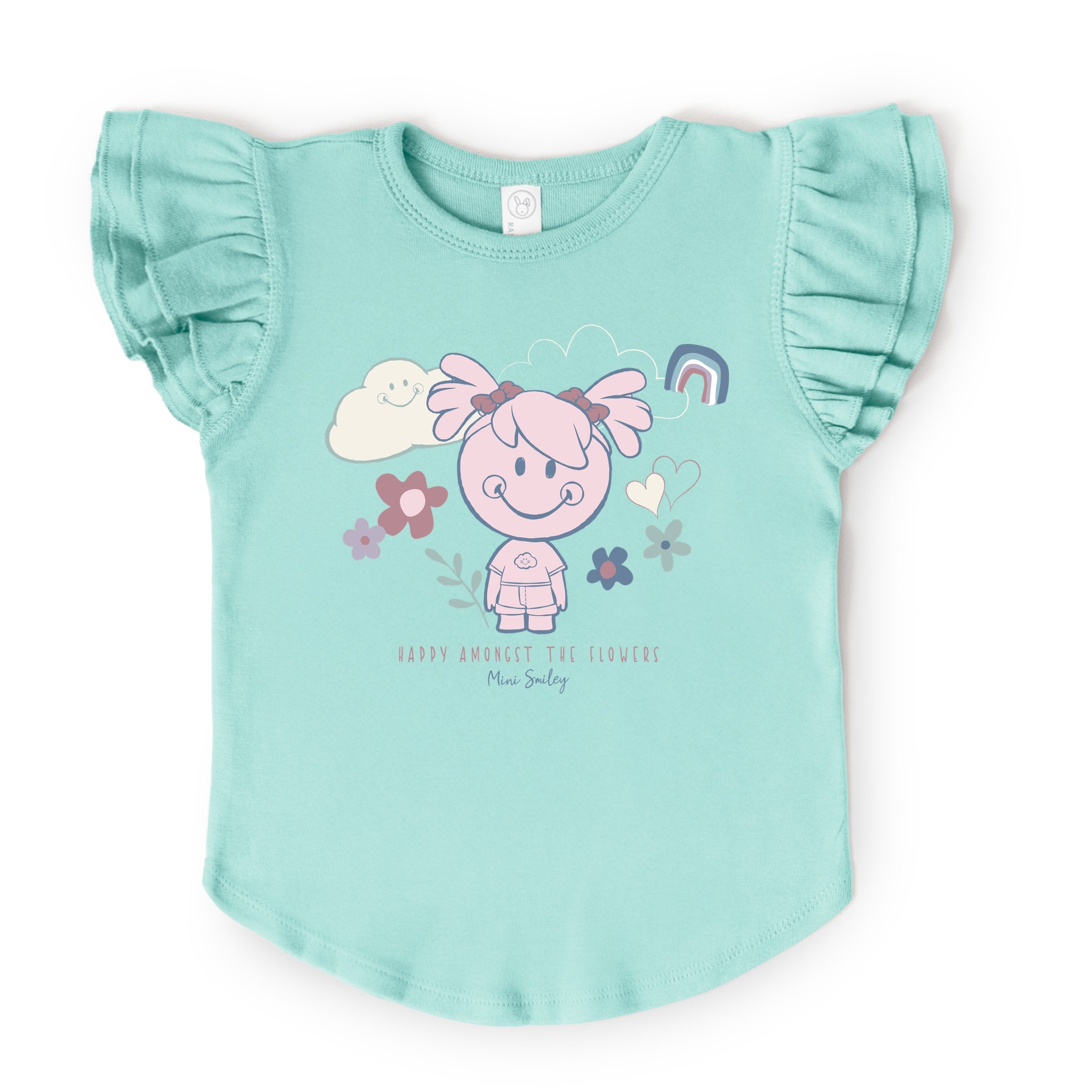 Mini Smiley Happy Amongst The Flowers - Flutter Sleeve Graphic T-Shirt