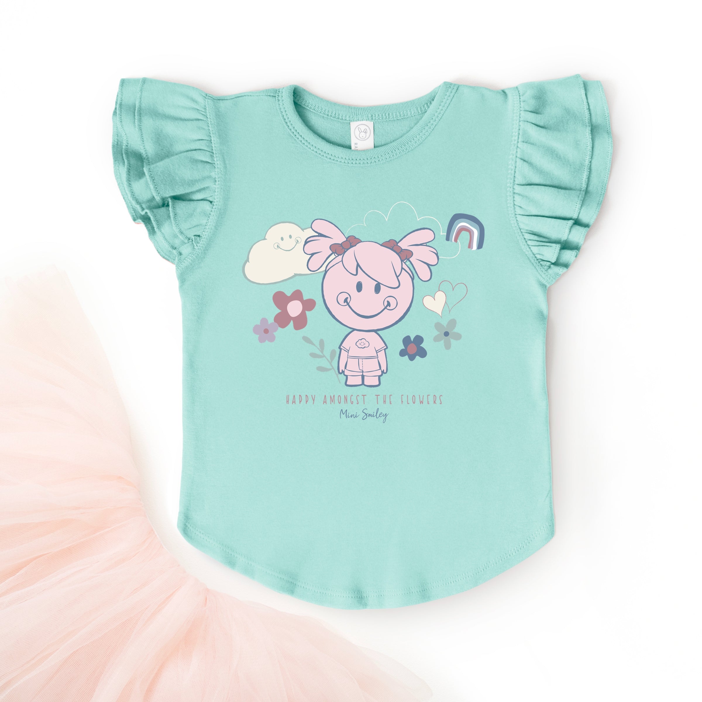 Mini Smiley Happy Amongst The Flowers - Flutter Sleeve Graphic T-Shirt